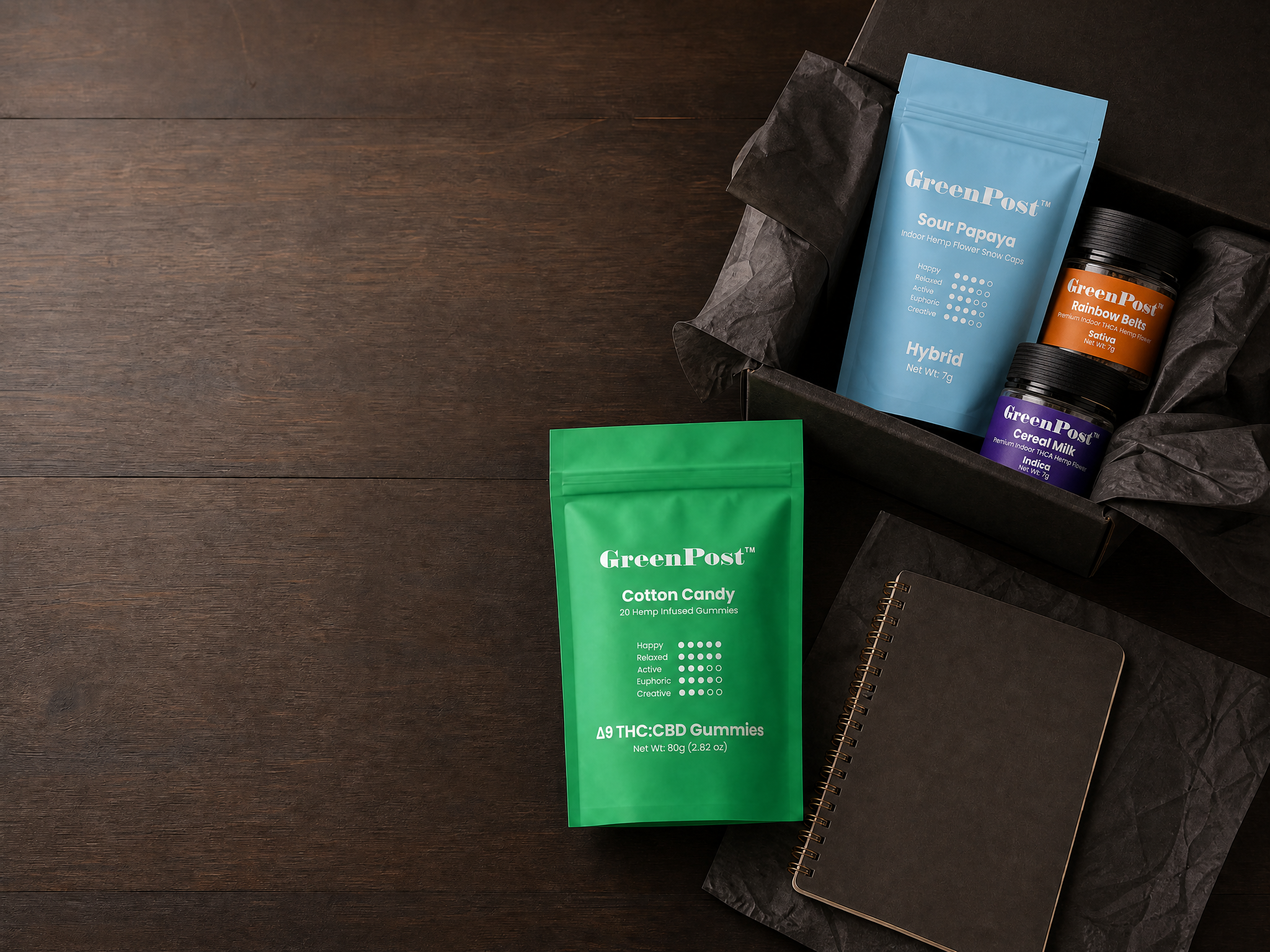 Premium hemp products arranged for a first-time buyer including flower, gummies, disposable vape, and mushroom products
