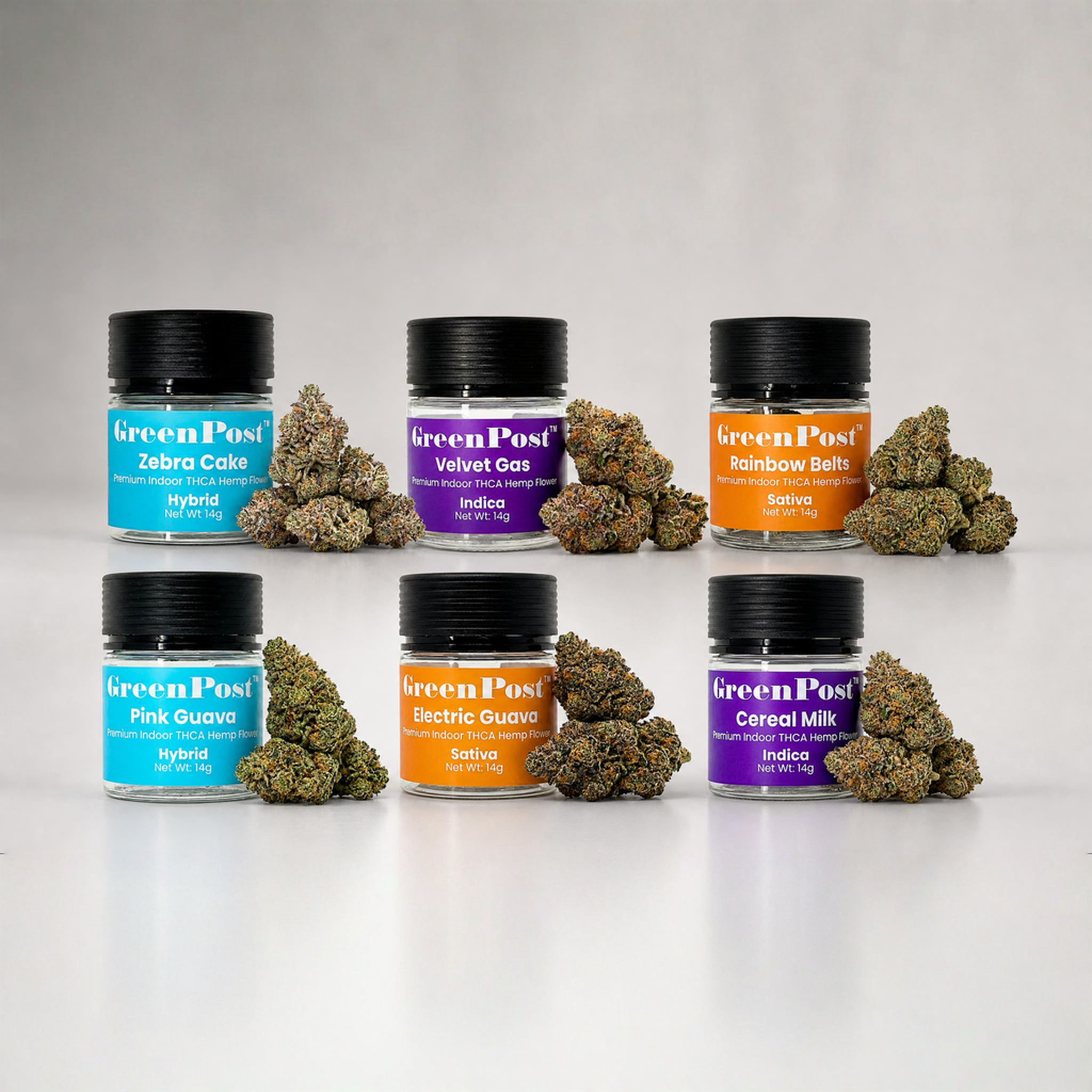Premium indoor THCA flower ounce deal from GreenPost CBD featuring exotic candy strains in 14g jars. Buy 14g, get 14g free with code GET14FREE for a $97.99 ounce.