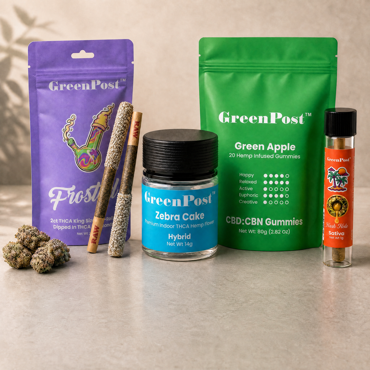 GreenPost flower, pre-rolls, gummies, and CBD products displayed together