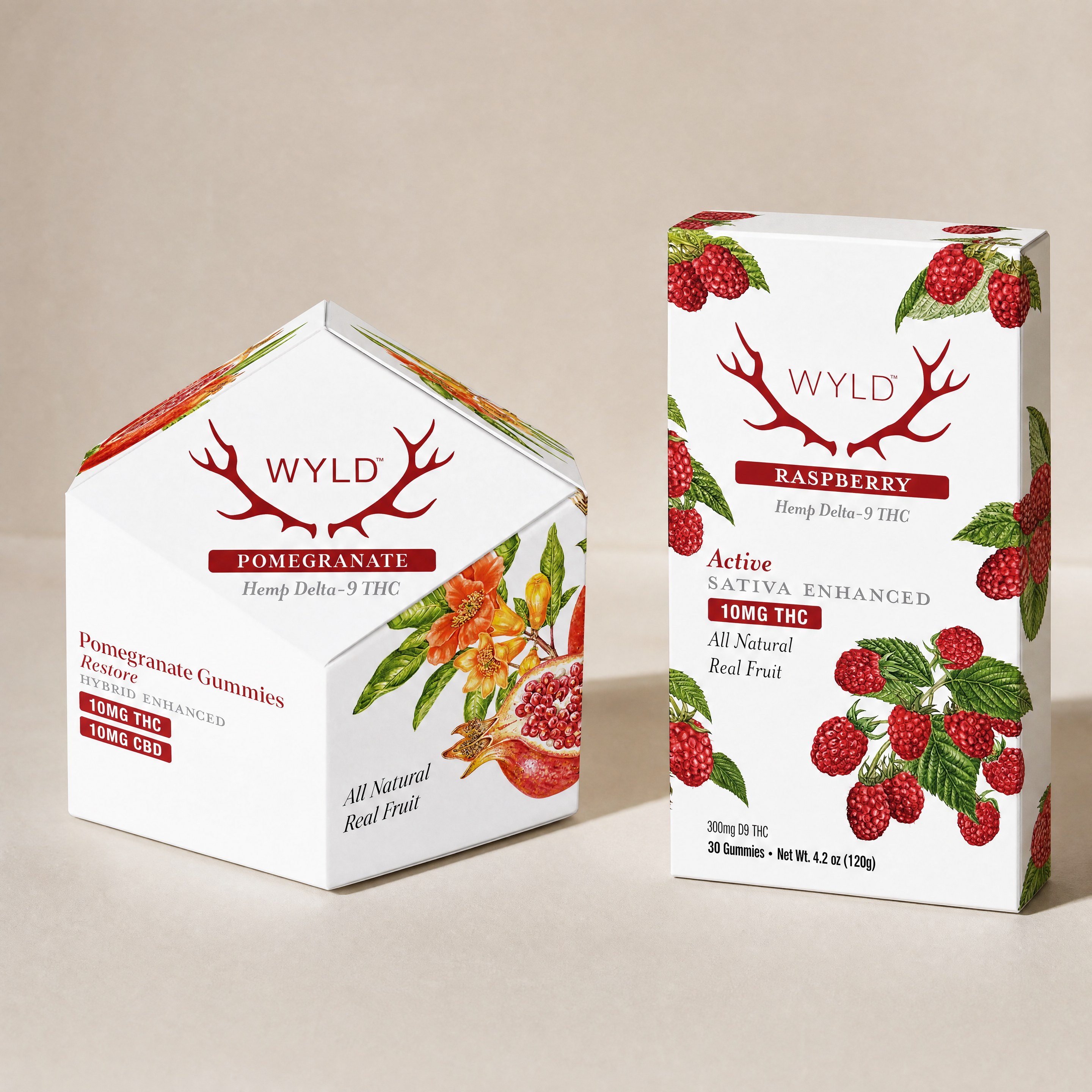 Wyld THC gummies collection featuring Raspberry Sativa Enhanced and Pomegranate Hybrid Enhanced real fruit gummies in premium fruit-inspired packaging