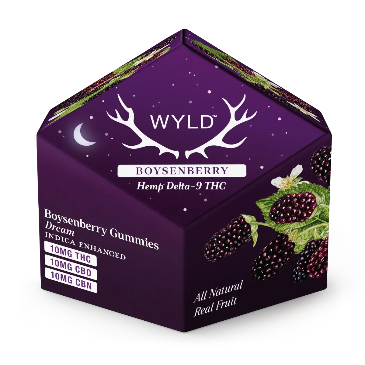 Wyld Boysenberry hemp Delta 9 THC CBD and CBN gummies box featuring real fruit boysenberry flavor, indica enhanced dream formula, and premium botanical edible packaging design