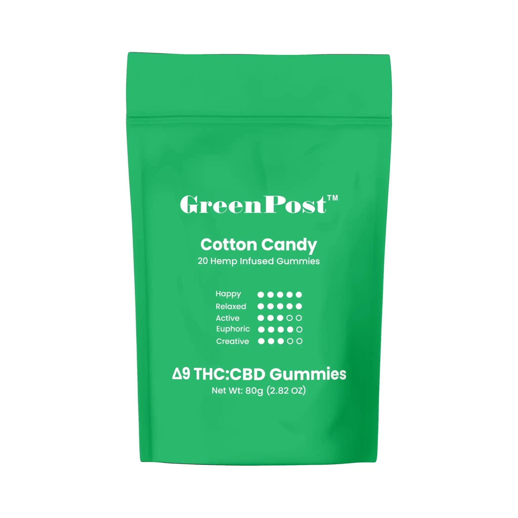 GreenPost Cotton Candy Delta 9 THC CBD hemp gummies pouch with sweet cotton candy flavor, infused hemp edible gummies, and premium green packaging product display on white background