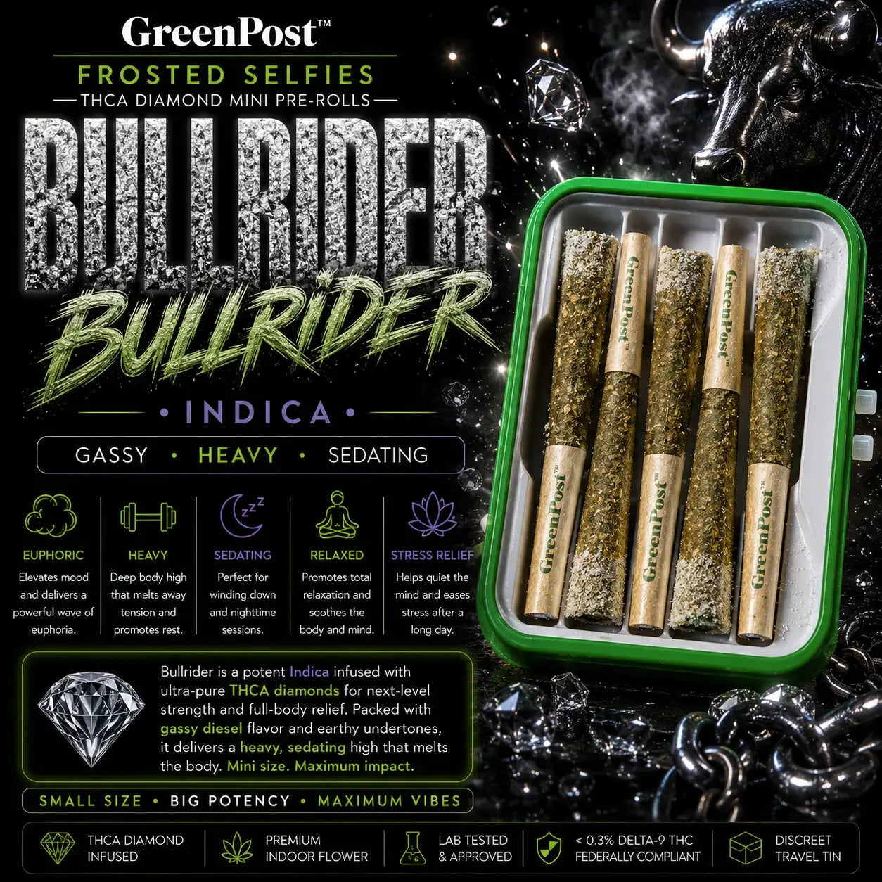 GreenPost Frosted Bullrider THCA Diamond Mini Pre-Rolls Indica promotional product graphic featuring diamond infused mini pre-rolls in collectible travel tin with dark rodeo inspired artwork, bold gassy flavor profile and heavy relaxing euphoric nighttime effects.