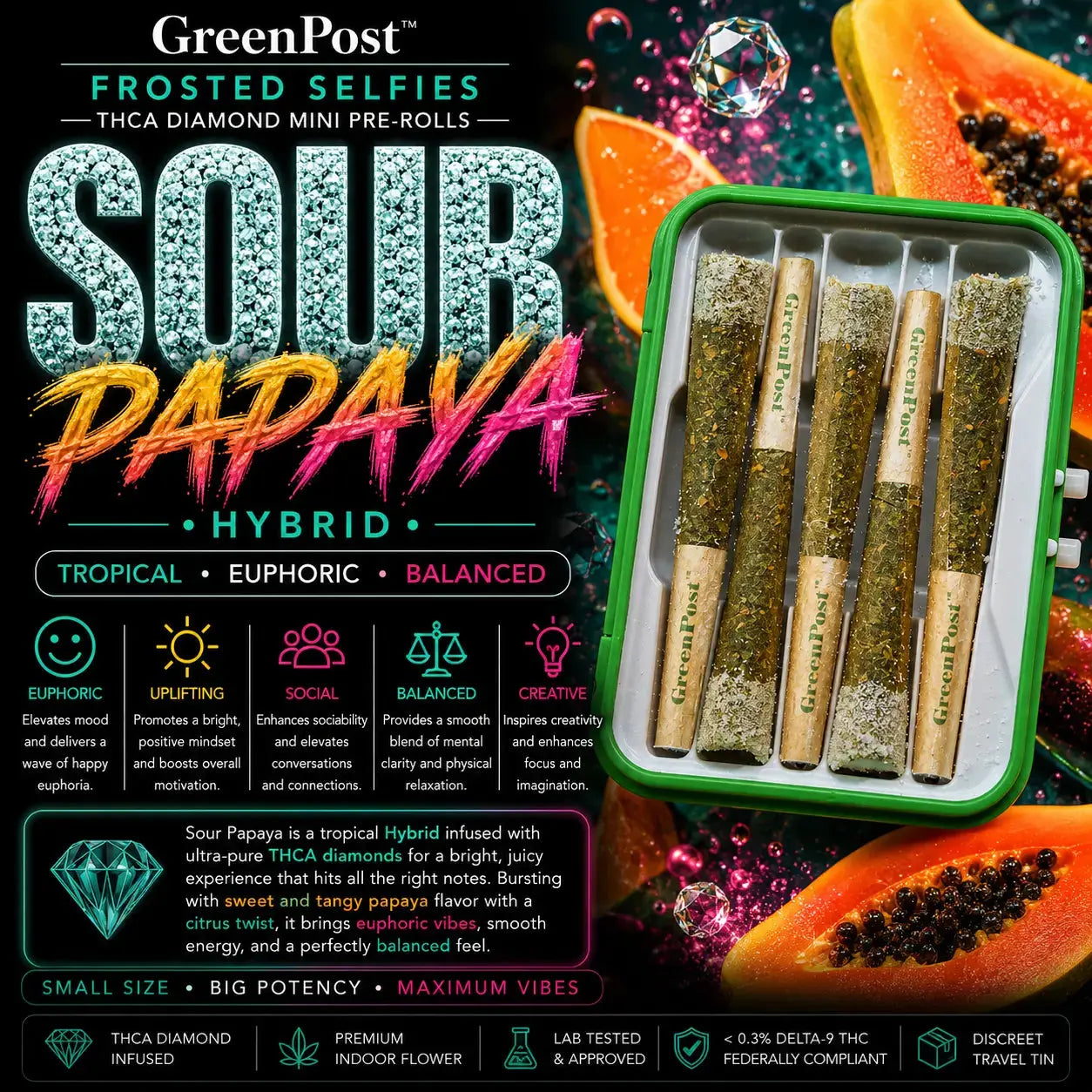 GreenPost Frosted Sour Papaya THCA Diamond Mini Pre-Rolls Hybrid promotional product graphic featuring diamond infused mini pre-rolls in collectible travel tin with tropical papaya fruit artwork, sweet citrus flavor profile and balanced euphoric uplifting effects.