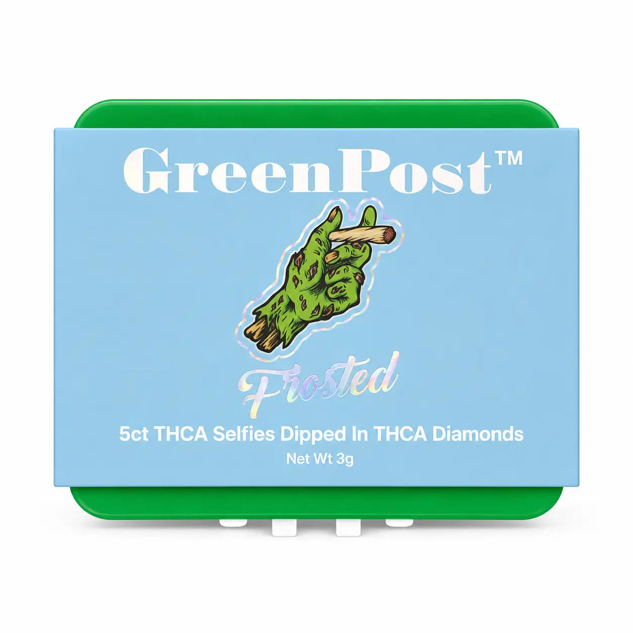 GreenPost Frosted Sour Papaya THCA Selfies 5ct mini pre-roll tin packaging with tropical papaya inspired artwork, diamond infused hemp flower mini joints, collectible green travel tin and premium slow burn cannabis alternative smoking experience.