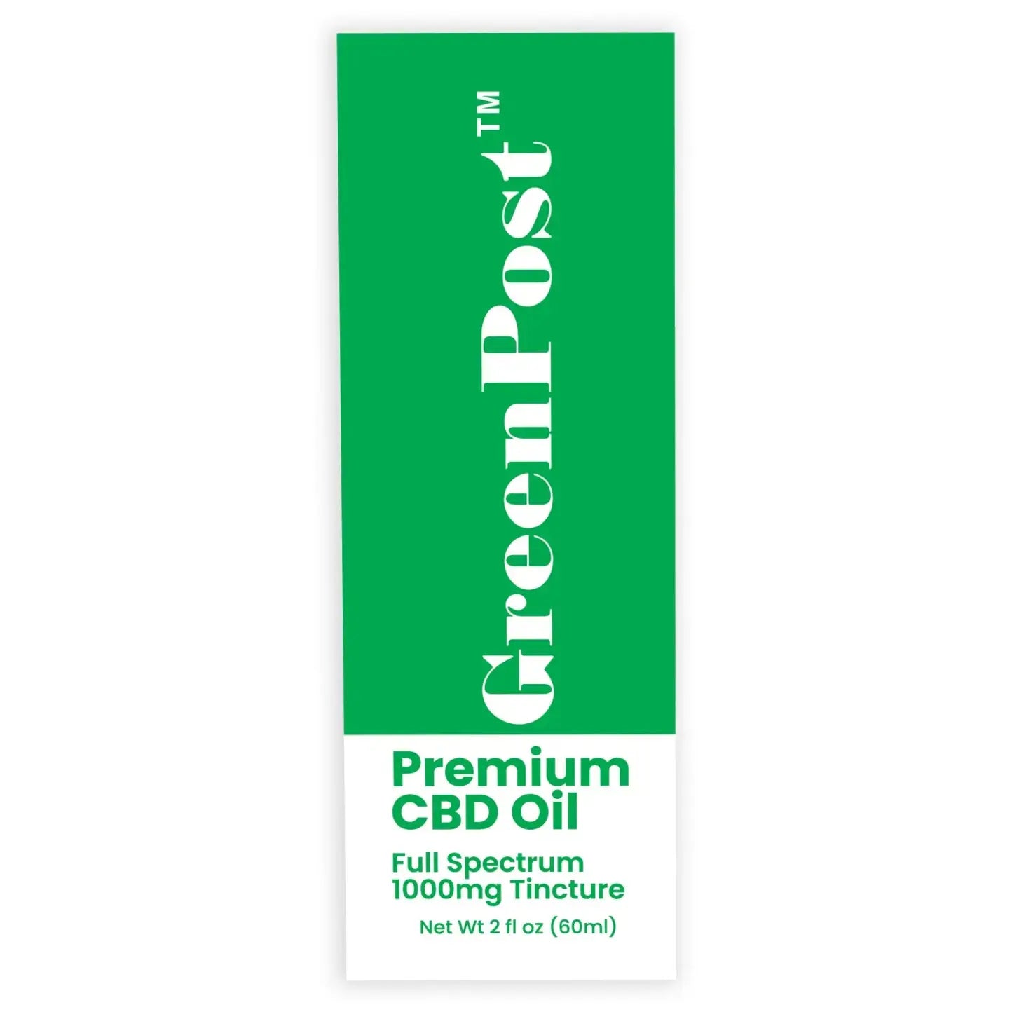 GreenPost Premium Full Spectrum CBD Oil 1000mg tincture front packaging design featuring mint flavored hemp extract oil supplement, 2 fl oz 60ml bottle formula, green minimalist branding and premium cannabidiol wellness tincture product packaging.