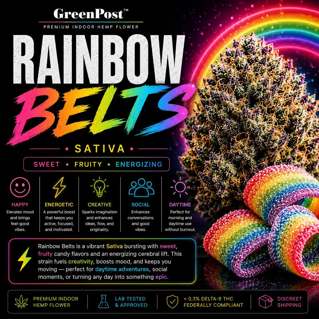 GreenPost Rainbow Belts THCA Flower Sativa promotional product graphic featuring premium indoor hemp flower buds with rainbow candy belt artwork, sweet fruity citrus flavor profile, uplifting energetic creative effects and federally compliant cannabis alternative hemp flower.