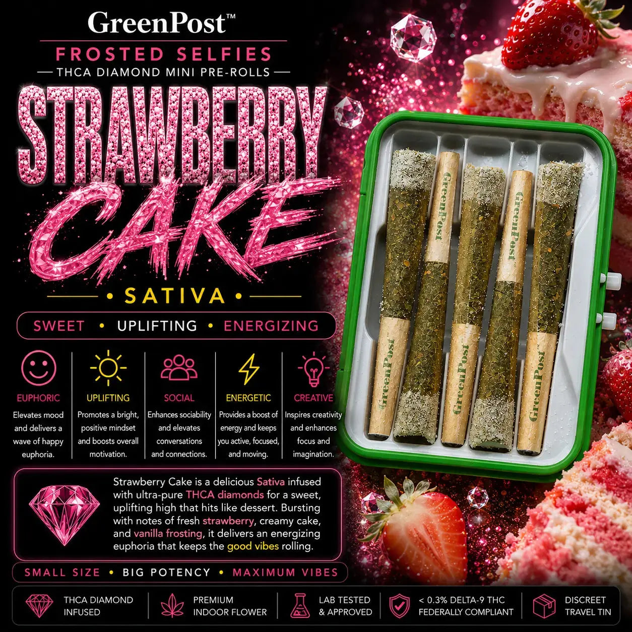 GreenPost Strawberry Cake Frosted Selfies THCA Diamond Mini Pre-Rolls Sativa promotional product graphic featuring diamond infused mini pre-rolls in collectible travel tin with strawberry cake dessert artwork, sweet creamy berry flavor profile and uplifting energetic euphoric effects.