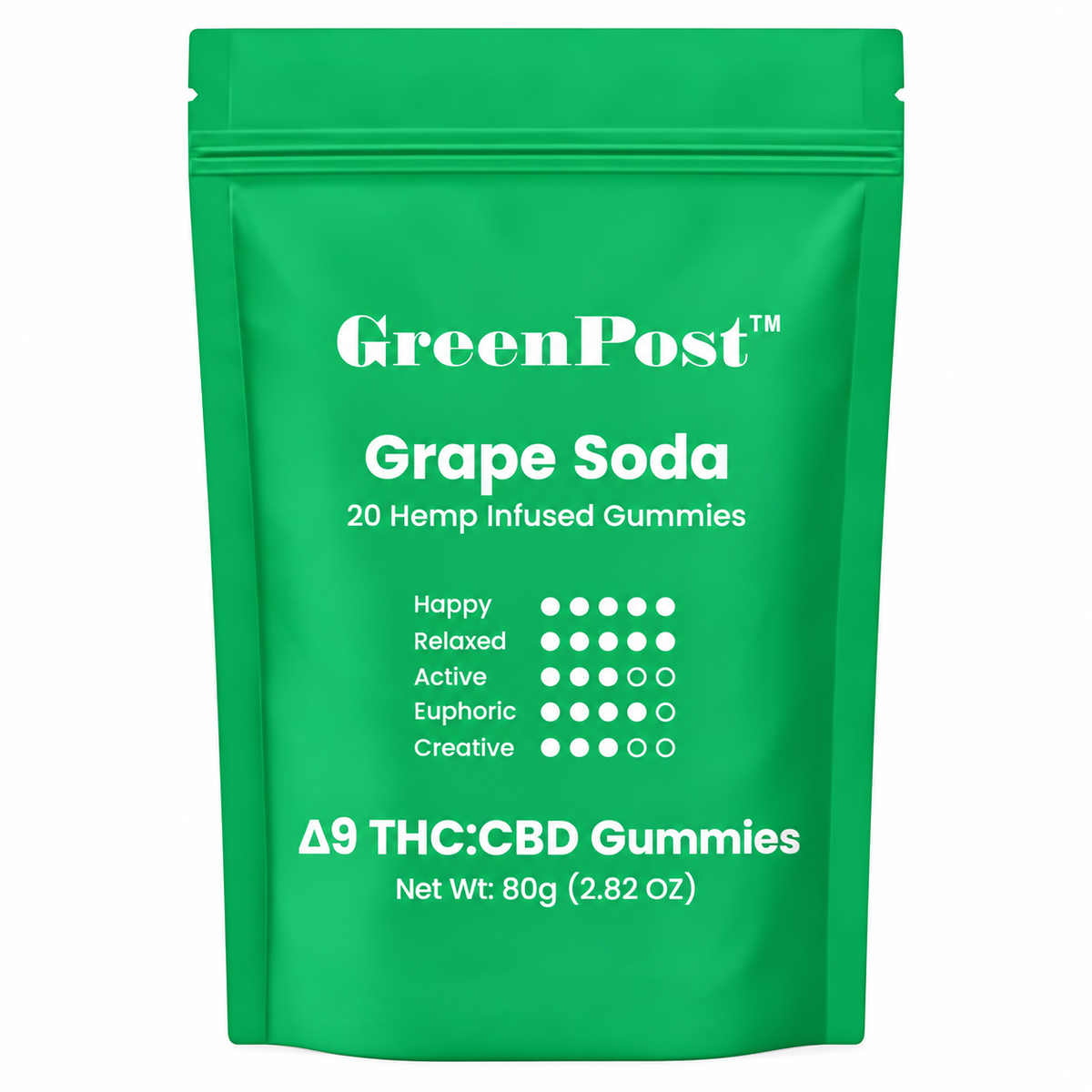 GreenPost Delta 9 THC + CBD Gummies 400mg – 1:1 Blend 20ct – Grape Soda gummies package