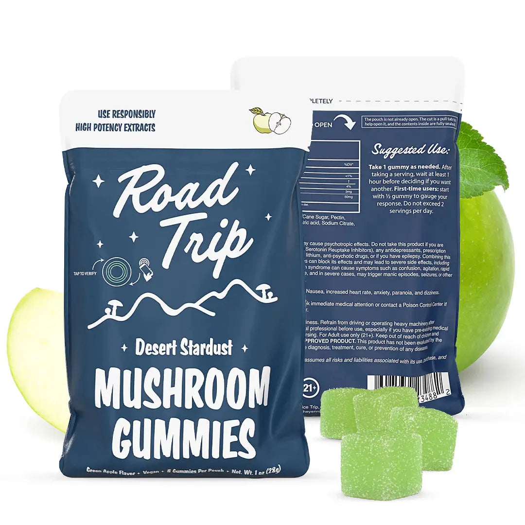 Road Trip Desert Stardust mushroom gummies Green Apple flavor pouch with green apple gummy candies, fresh apple imagery, psychedelic inspired mushroom edible packaging, and premium fruit flavored gummy display