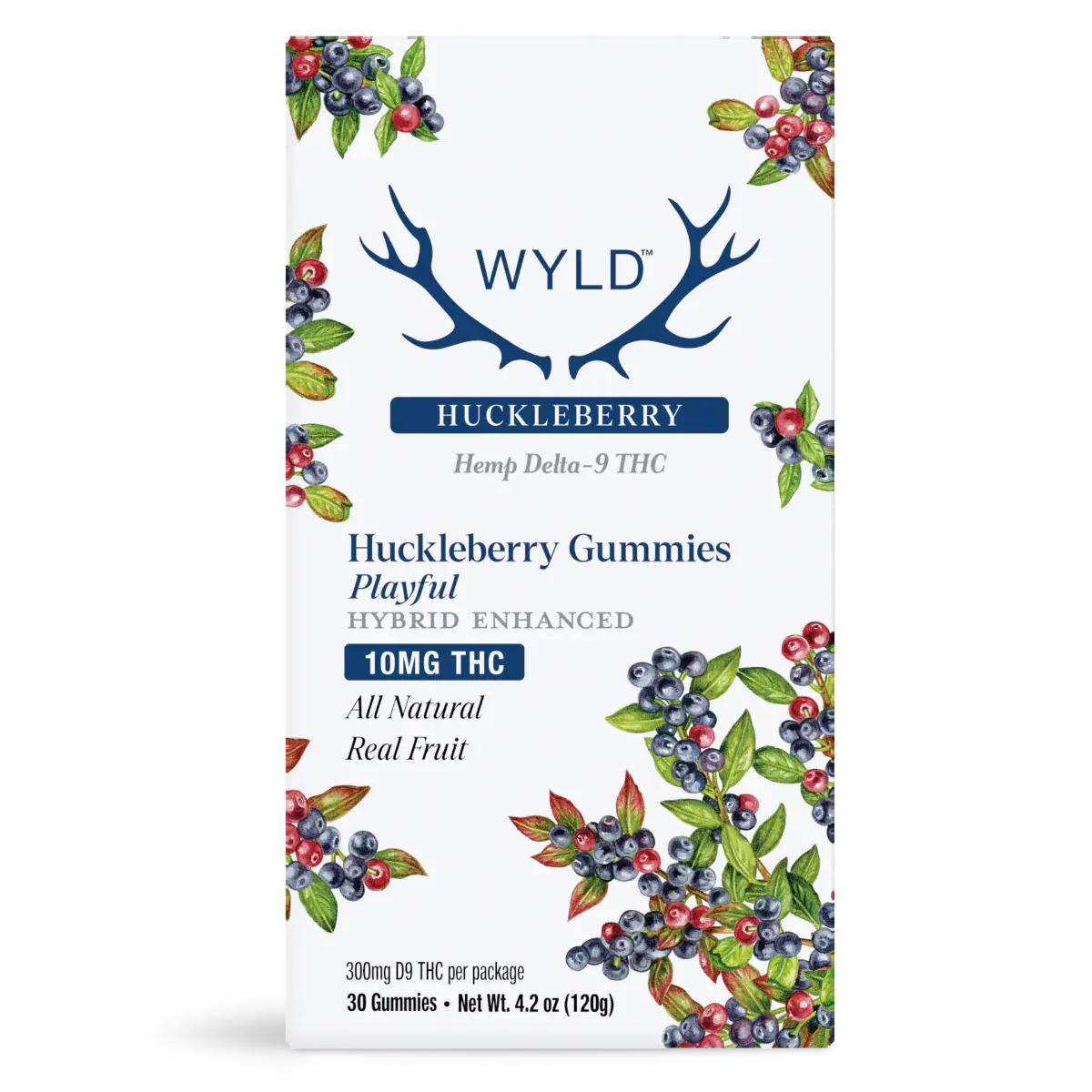 Wyld Huckleberry hemp Delta 9 THC gummies pouch featuring real fruit huckleberry flavor, hybrid enhanced playful formula, and premium botanical edible packaging design