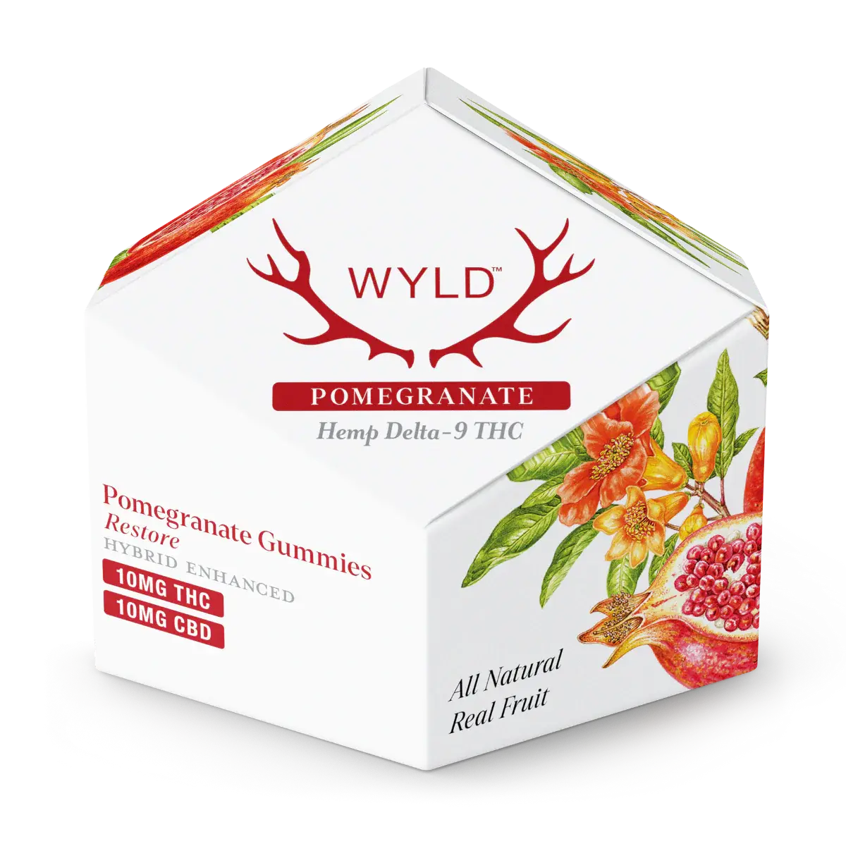 Wyld Pomegranate hemp Delta 9 THC and CBD gummies box featuring real fruit pomegranate flavor, hybrid enhanced formula, and premium botanical edible packaging design