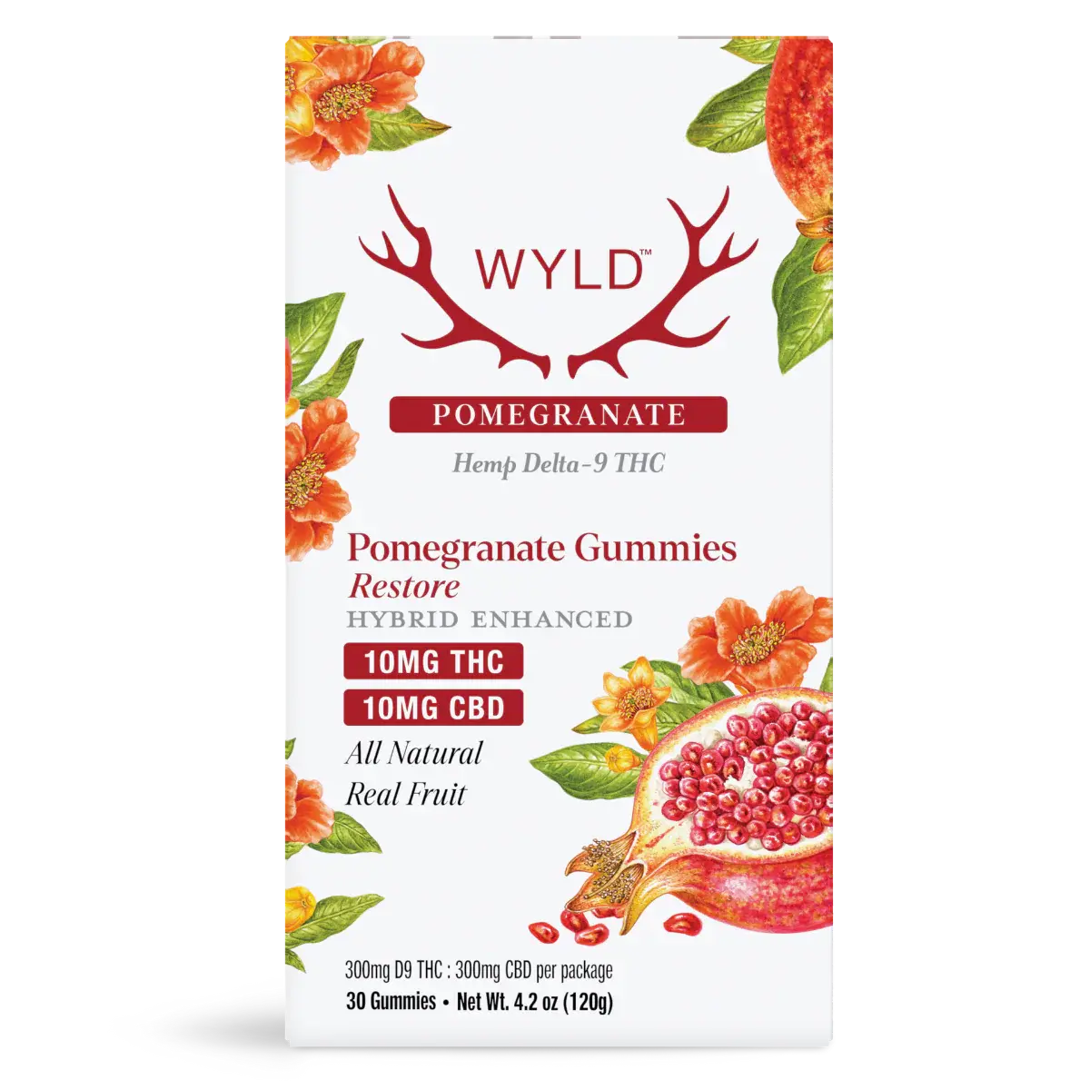 Wyld Pomegranate hemp Delta 9 THC and CBD gummies pouch featuring real fruit pomegranate flavor, hybrid enhanced restore formula, and premium botanical edible packaging design