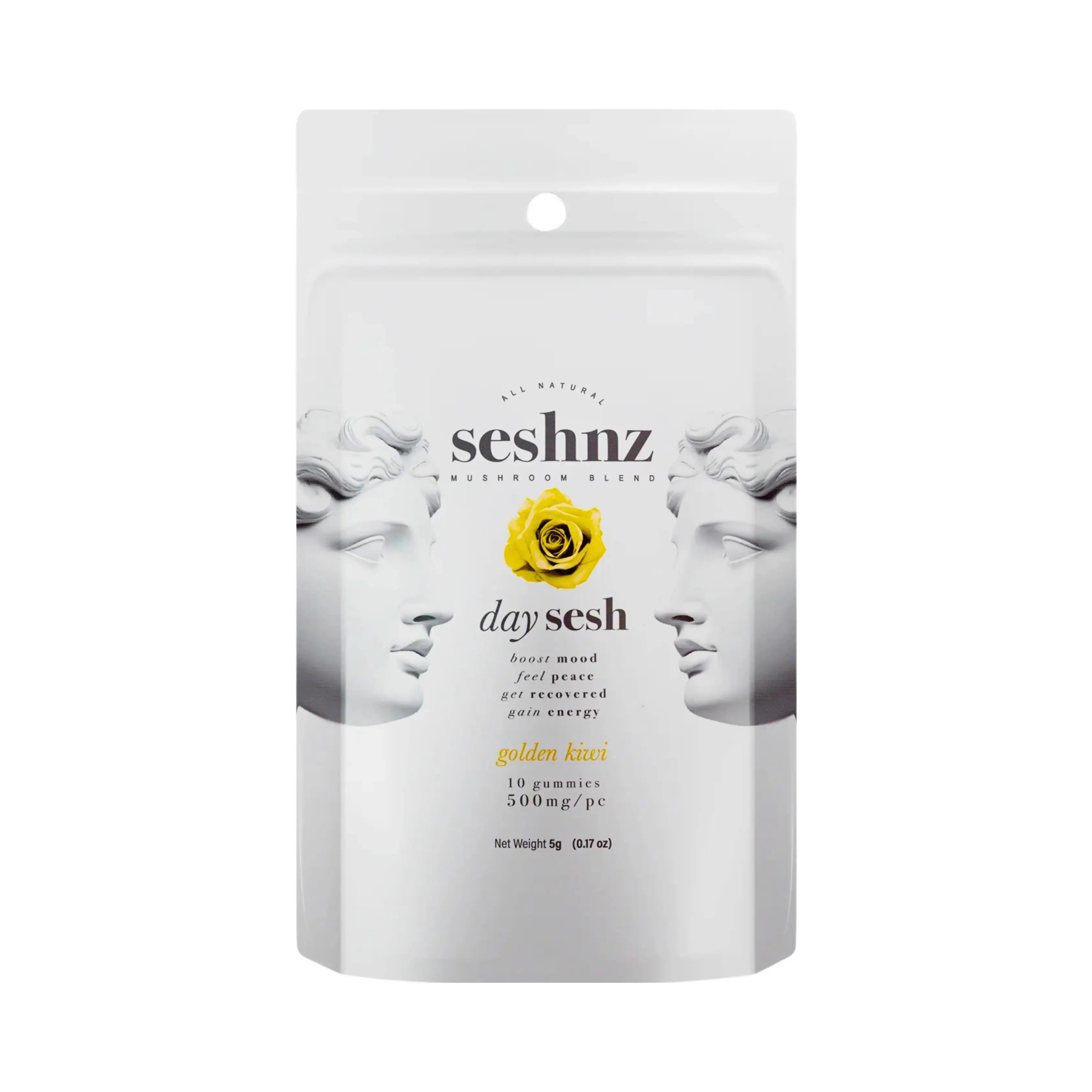 Seshnz Mushroom Gummies Golden Kiwi pouch with kiwi flavor, premium mushroom blend gummies, uplifting daytime edible packaging, and luxury white pouch design on white background