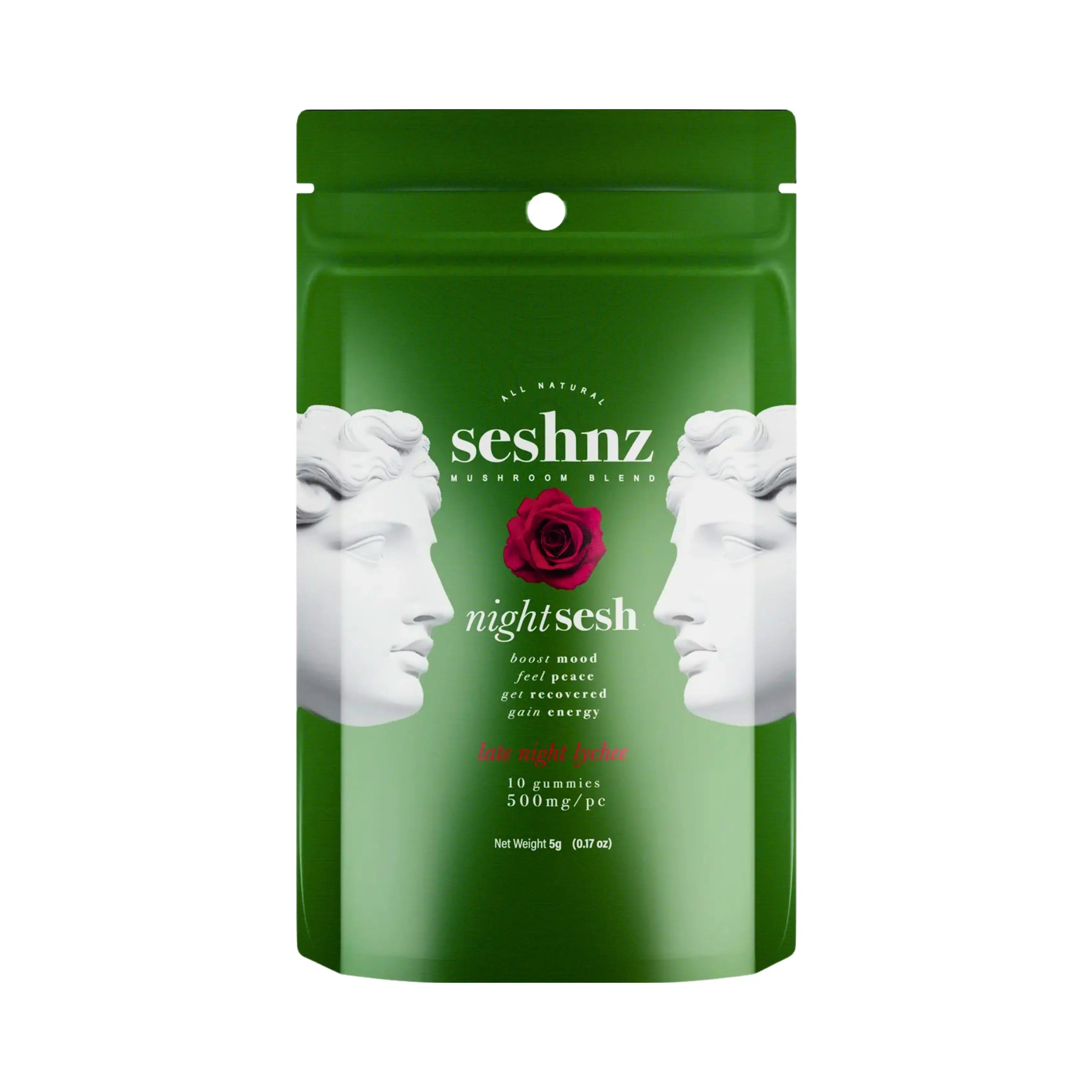 Seshnz Late Night Lychee night sesh mushroom gummies pouch with lychee flavor, premium mushroom blend gummies, calming nighttime edible packaging, and luxury green pouch design on white background