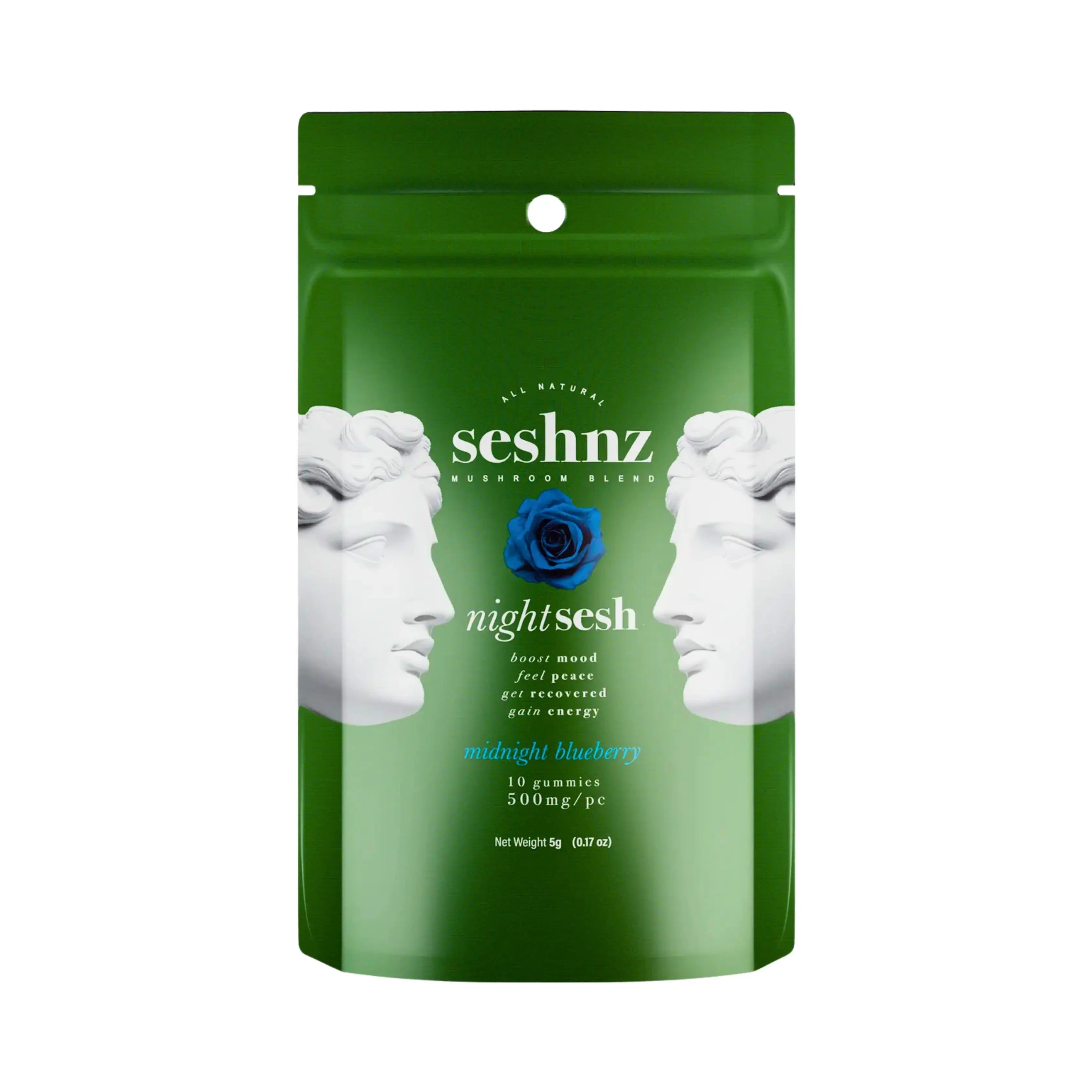 Seshnz Midnight Blueberry night sesh mushroom gummies pouch with blueberry flavor, premium mushroom blend gummies, calming nighttime edible packaging, and luxury green pouch design on white background