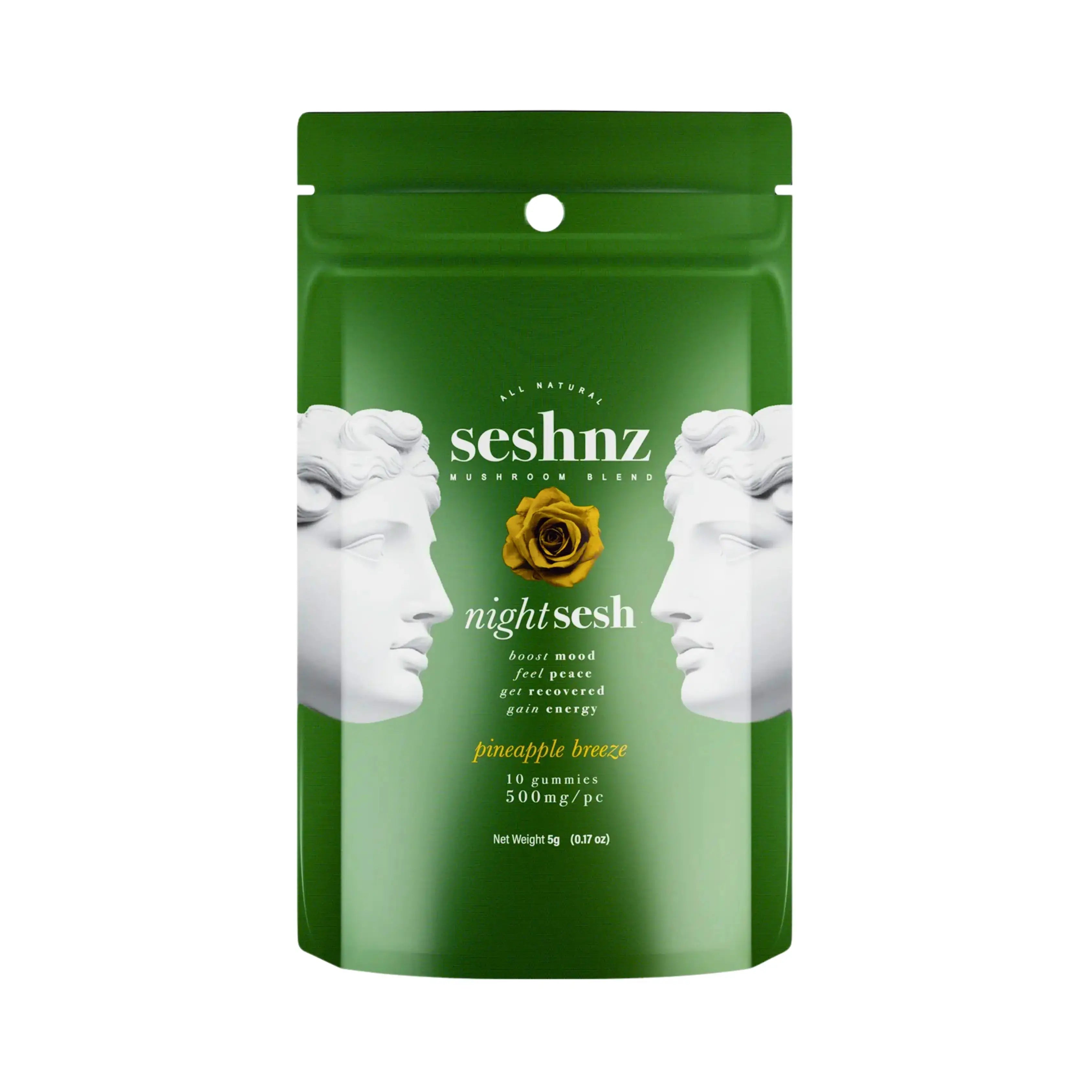 Seshnz Mushroom Gummies Pineapple Breeze pouch with pineapple flavor, premium mushroom blend gummies, uplifting daytime edible packaging, and luxury green pouch design on white background