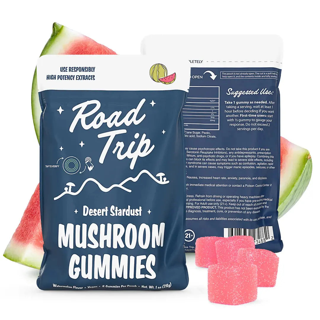 Road Trip Desert Stardust mushroom gummies Watermelon flavor pouch with watermelon gummy candies, fresh watermelon slices, psychedelic inspired mushroom edible packaging, and premium fruit flavored gummy display