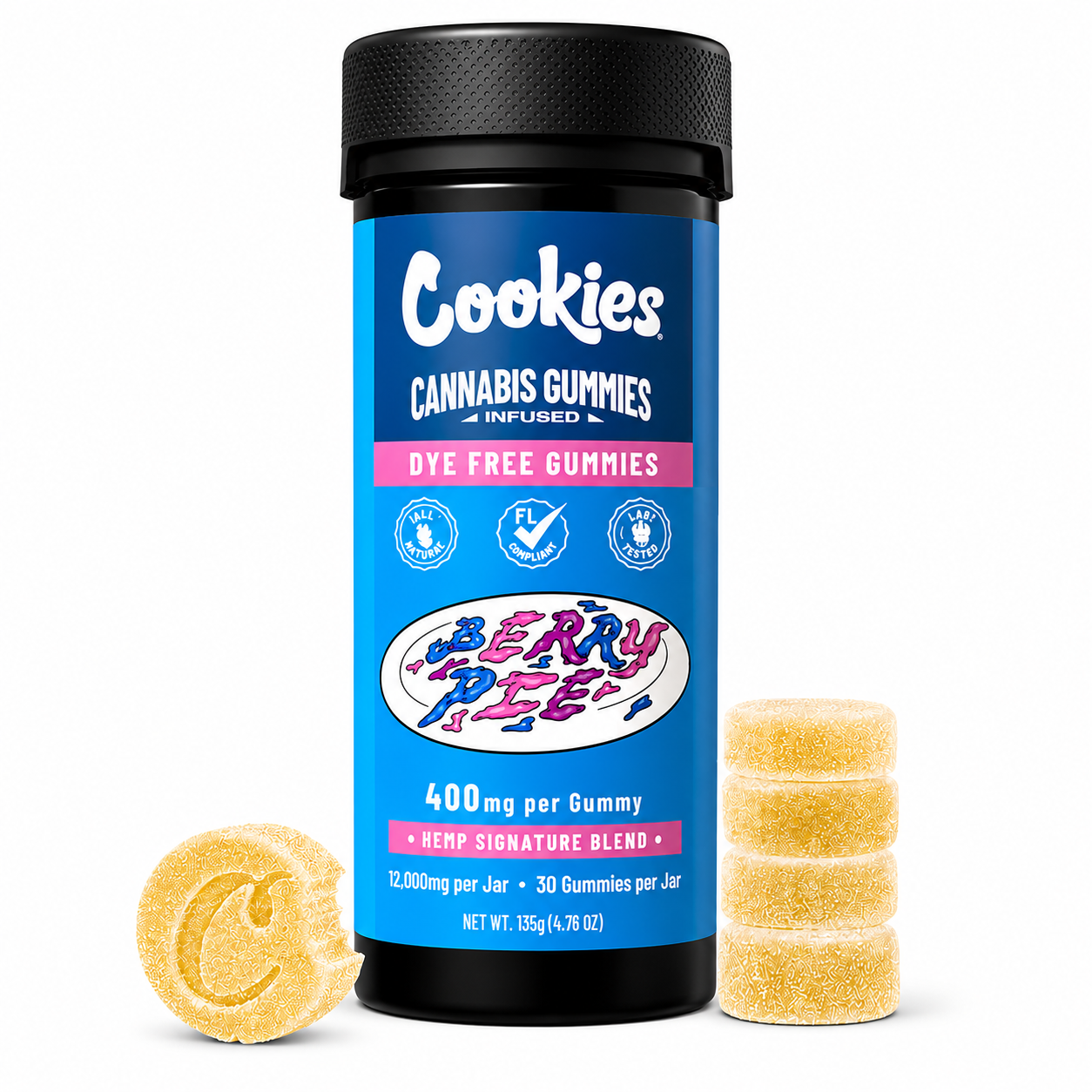 Cookies Berry Pie Cannabis Gummies 30ct jar with yellow sugar-coated gummies on a white background