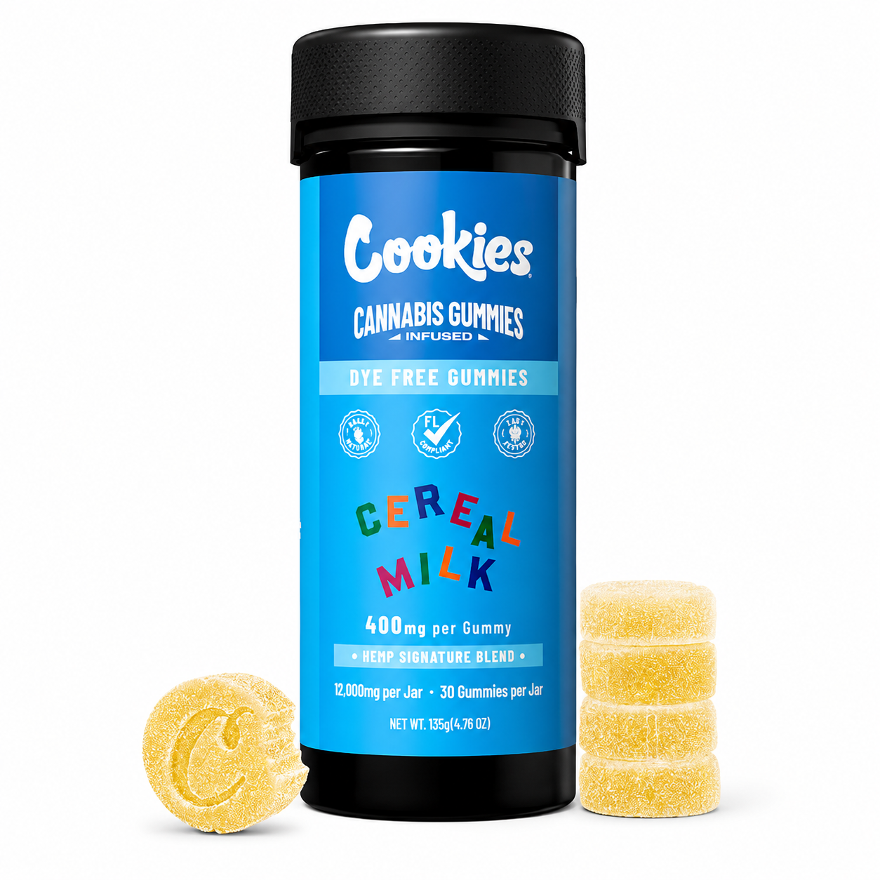Cookies Cereal Milk Cannabis Gummies 30ct container with yellow sugar-coated gummies on a white background