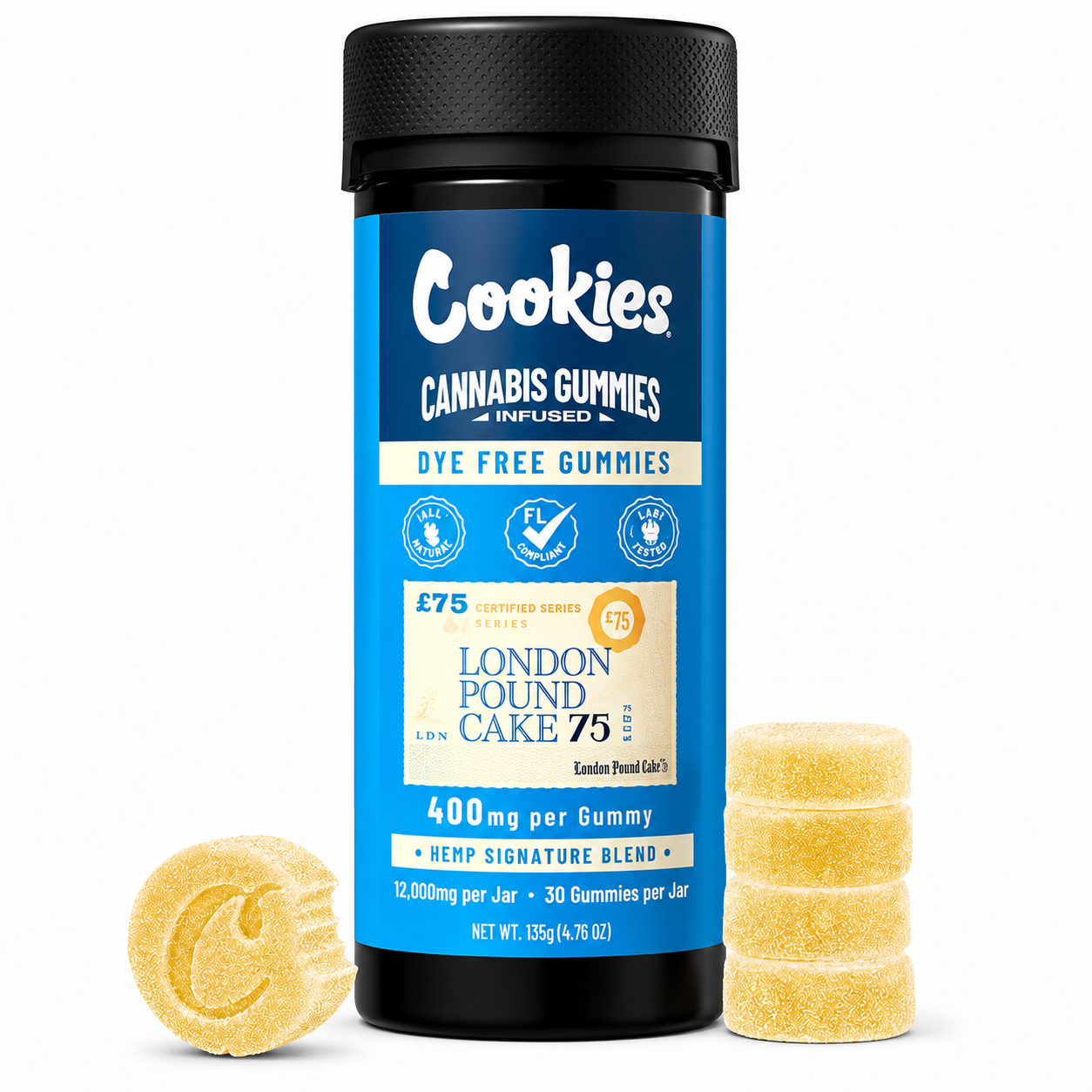 Cookies London Pound Cake 75 Cannabis Gummies 30ct jar with yellow sugar-coated gummies on a white background