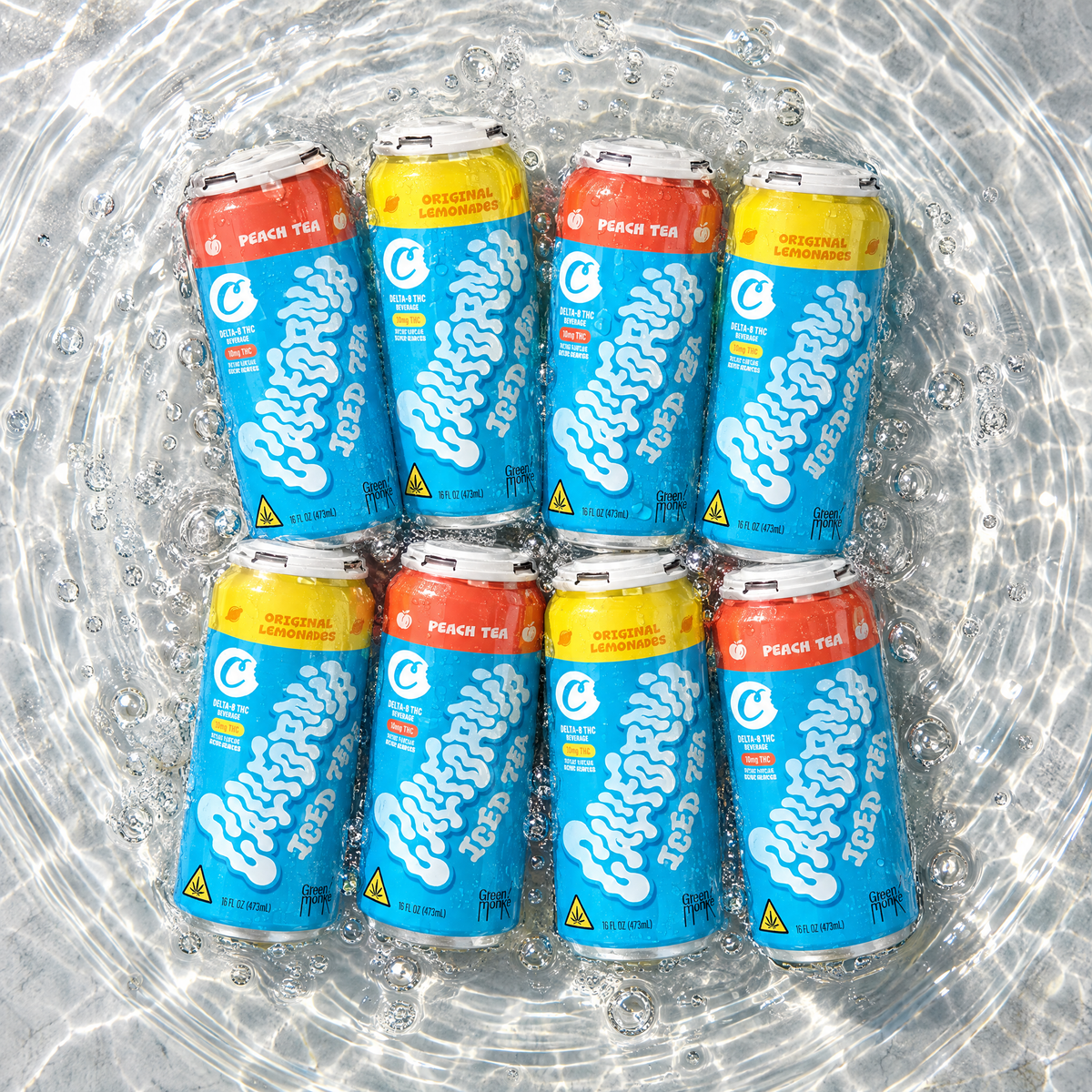 Cookies THC Drinks California Peach Iced Tea and California Lemonade cans shown together chilled