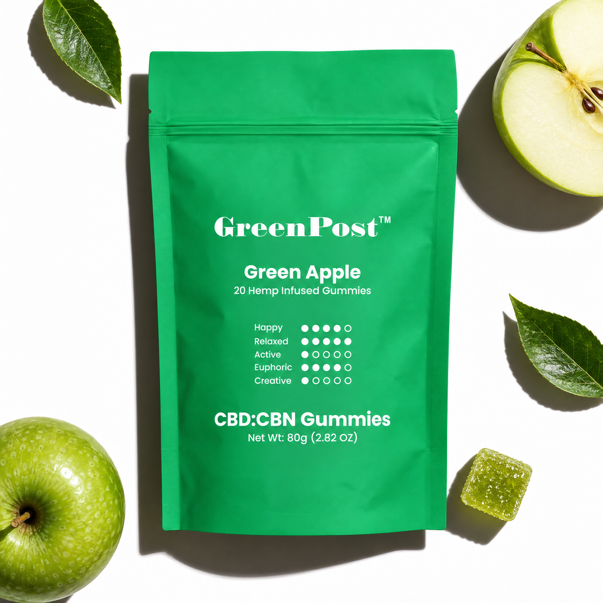 GreenPost CBN + CBD Gummies 1000mg Green Apple pouch with gummy shown for scale