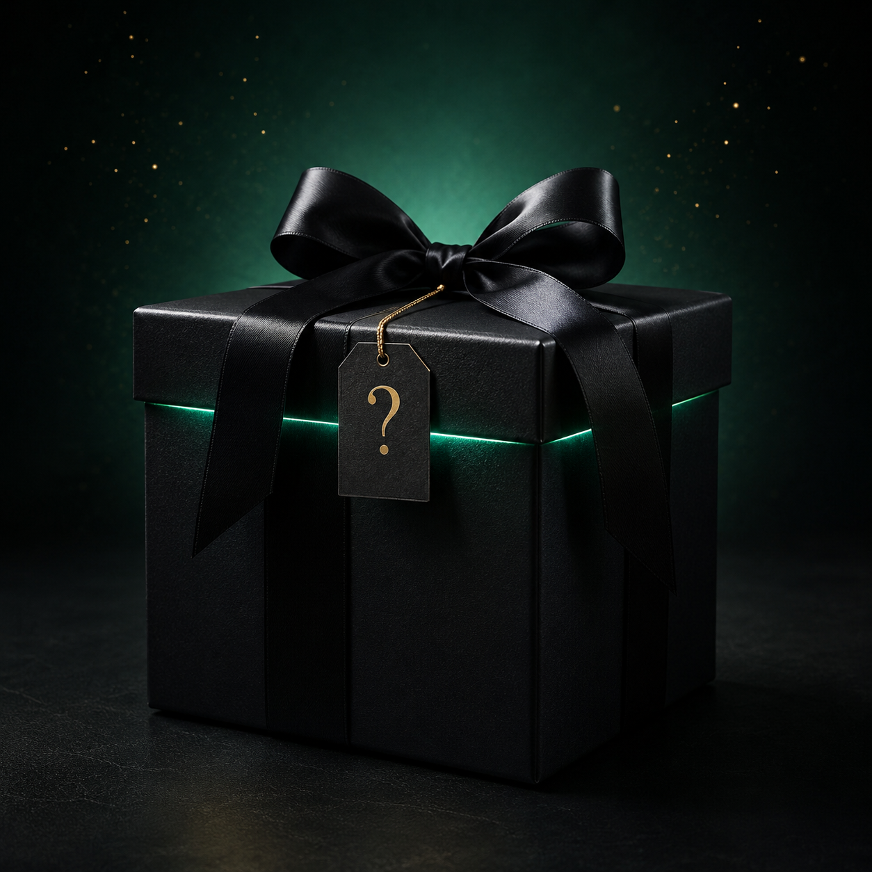 GreenPost Father’s Day Mystery Box shown as a luxury black gift box with satin ribbon, gold question mark tag, and dark green glow