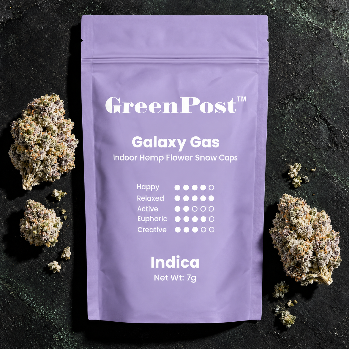 GreenPost Galaxy Gas 7g Snow Caps THCA Flower jar with frosted flower shown for texture and scale