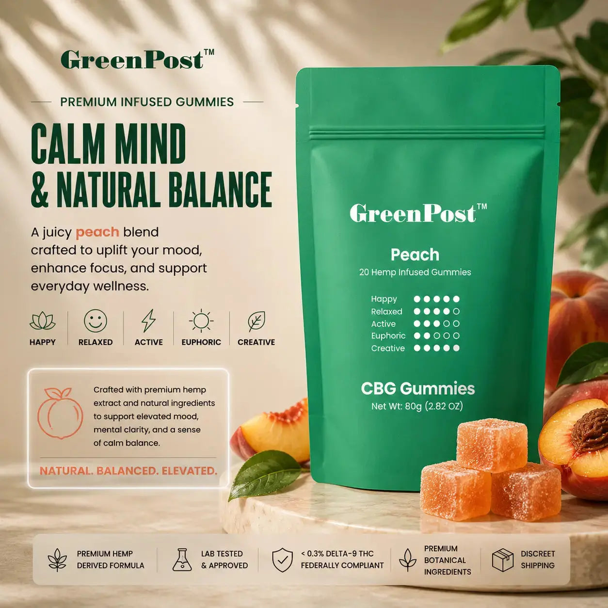 GreenPost Peach CBG gummies pouch with peach flavored hemp infused gummies, fresh peaches, botanical leaves, and premium wellness style product display on marble surface