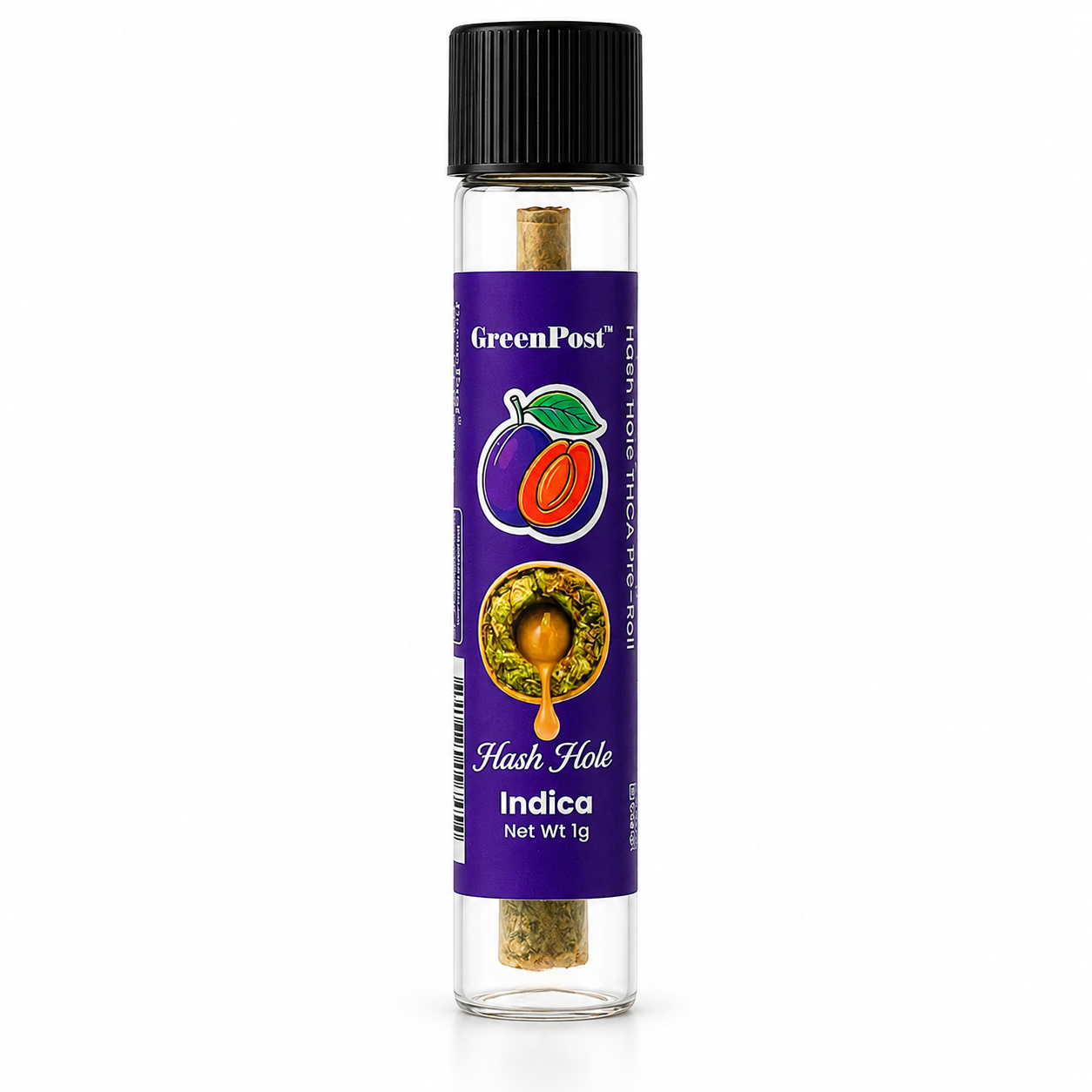 GreenPost Plum Stone Hash Hole THCA infused king size pre-roll indica with premium hemp flower, rich plum berry flavor profile, and luxury purple tube packaging on white background