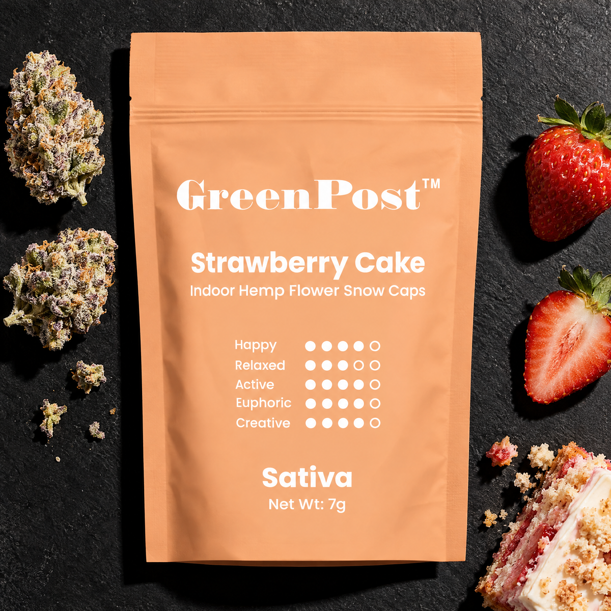 GreenPost Strawberry Cake 7g Snow Caps THCA Flower jar with frosted flower shown for texture and scale