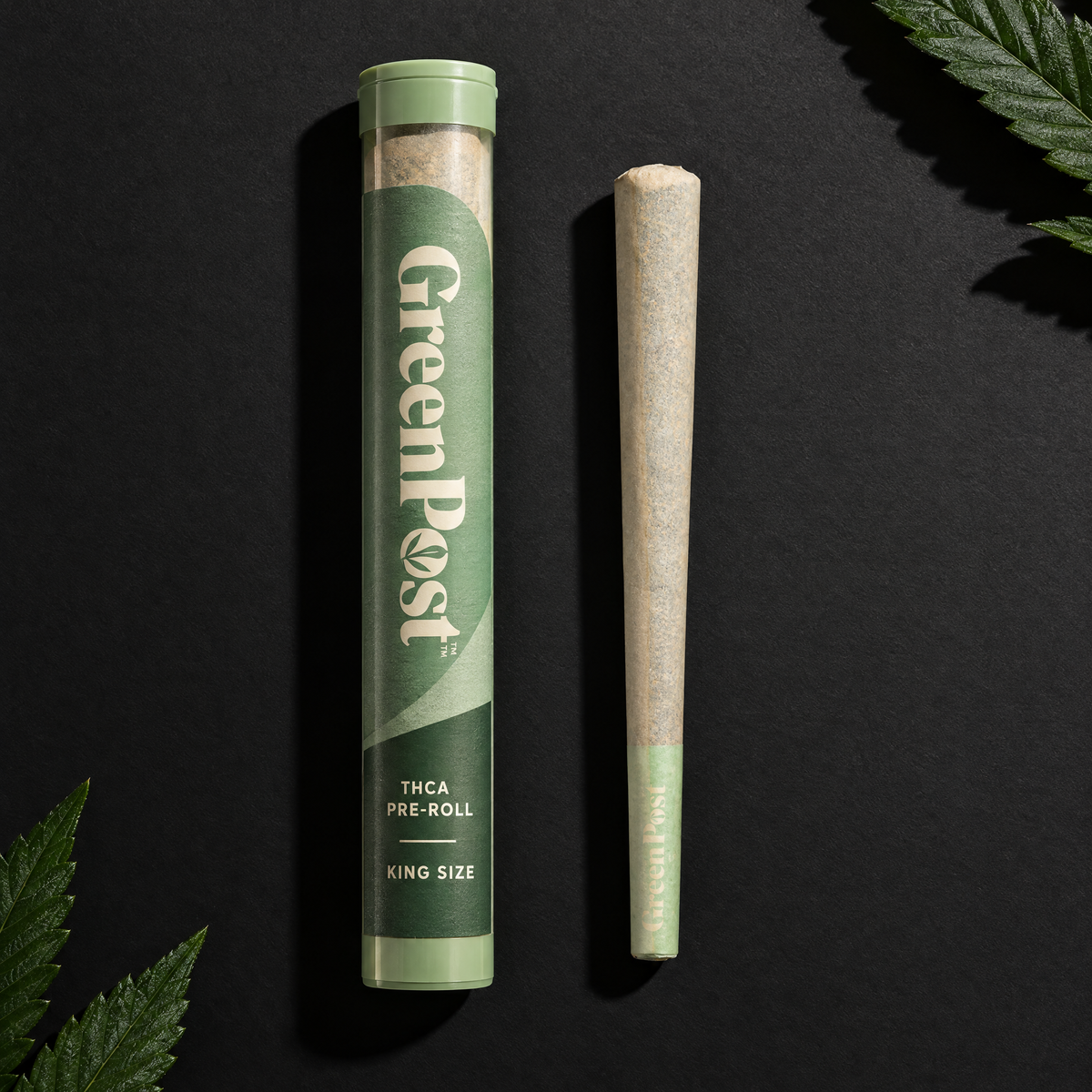 GreenPost THCA King Size Pre-Roll package with an unlit pre-roll shown for size context