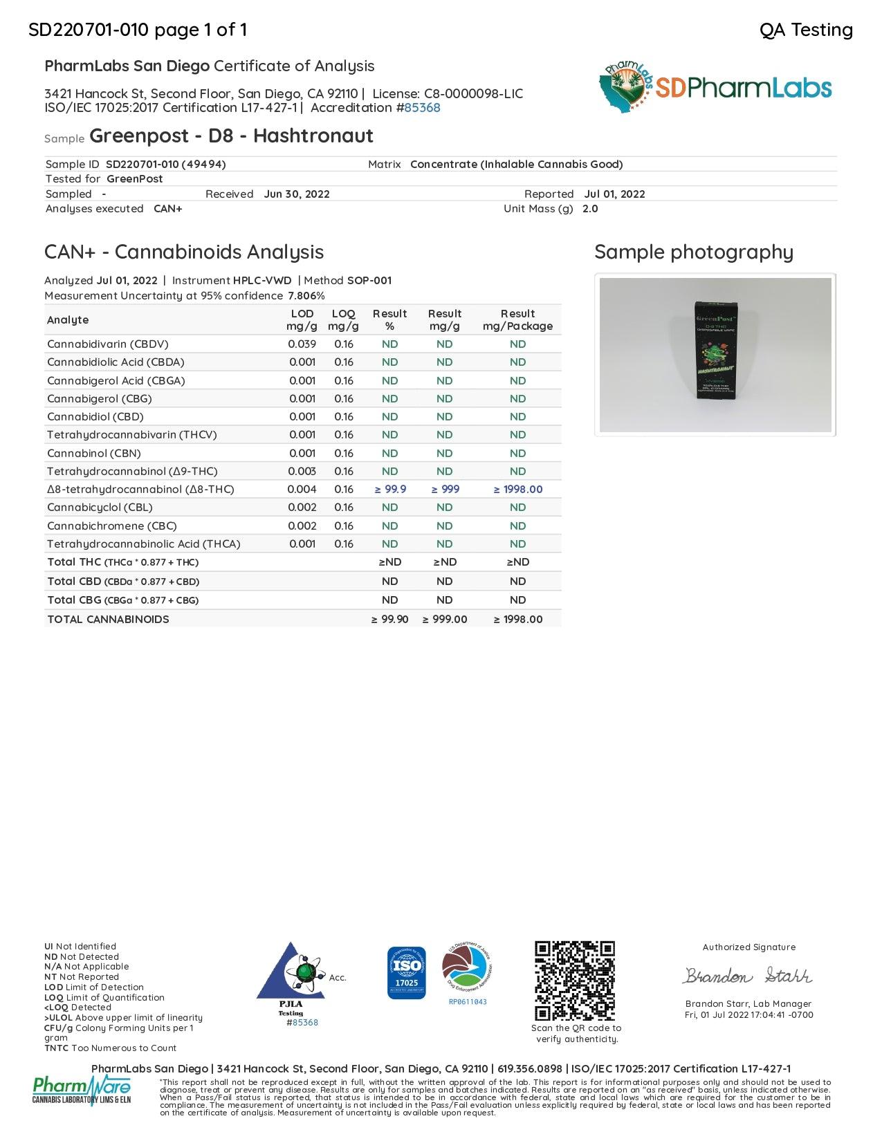 Hashtronaut Delta 8 Disposable Vape (Hybrid) - GreenPost CBD - www.GreenPostCBD.com