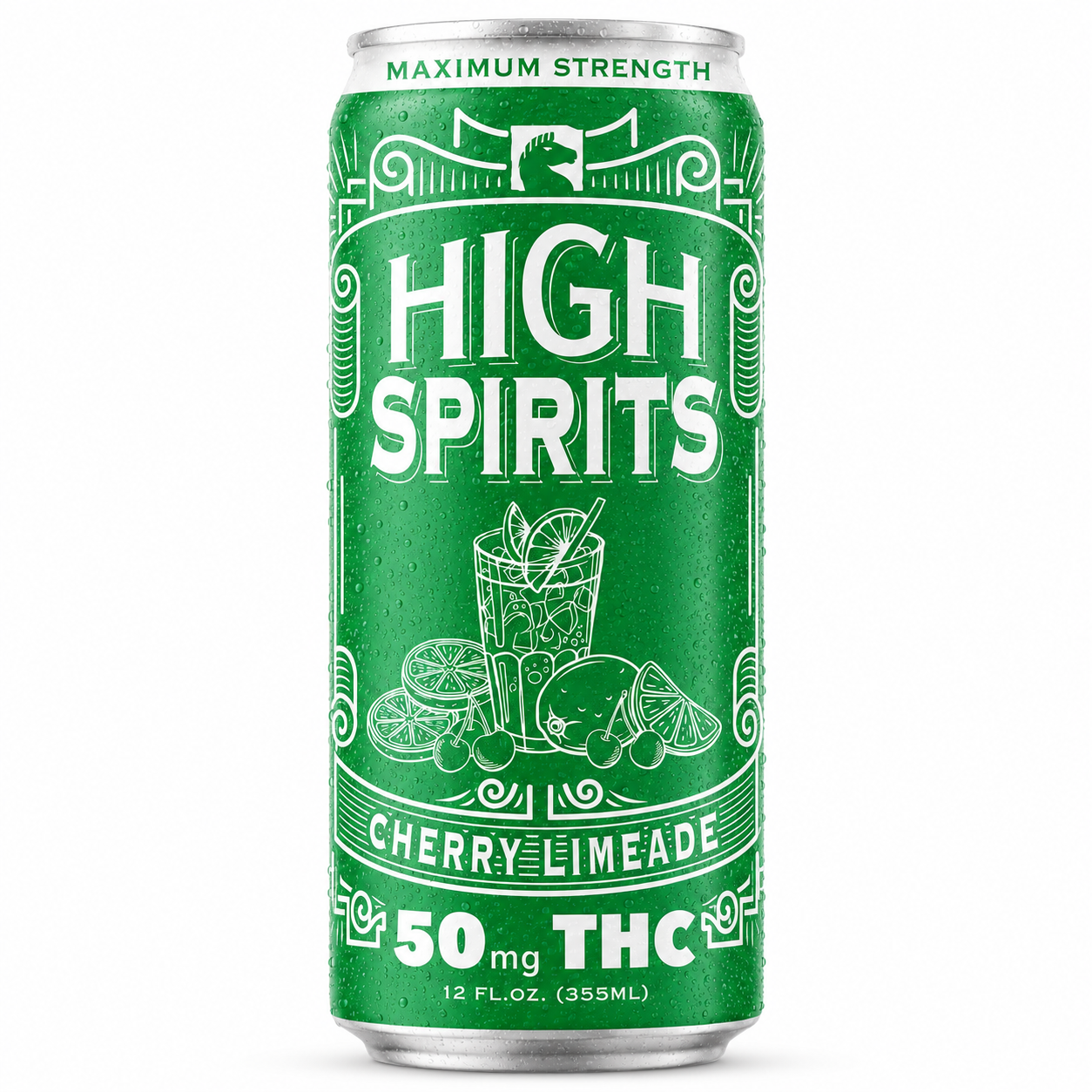 High Spirits Cherry Limeade hemp-derived THC beverage in a 12 fl. oz. can containing 50mg THC on a white background.