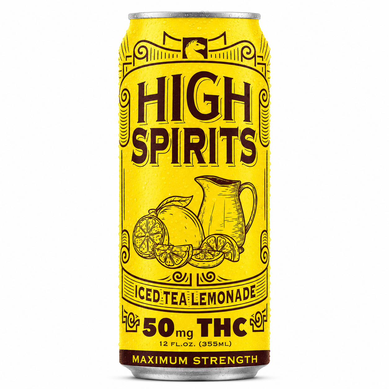 High Spirits Iced Tea Lemonade hemp-derived THC beverage in a 12 fl. oz. can containing 50mg THC on a white background.