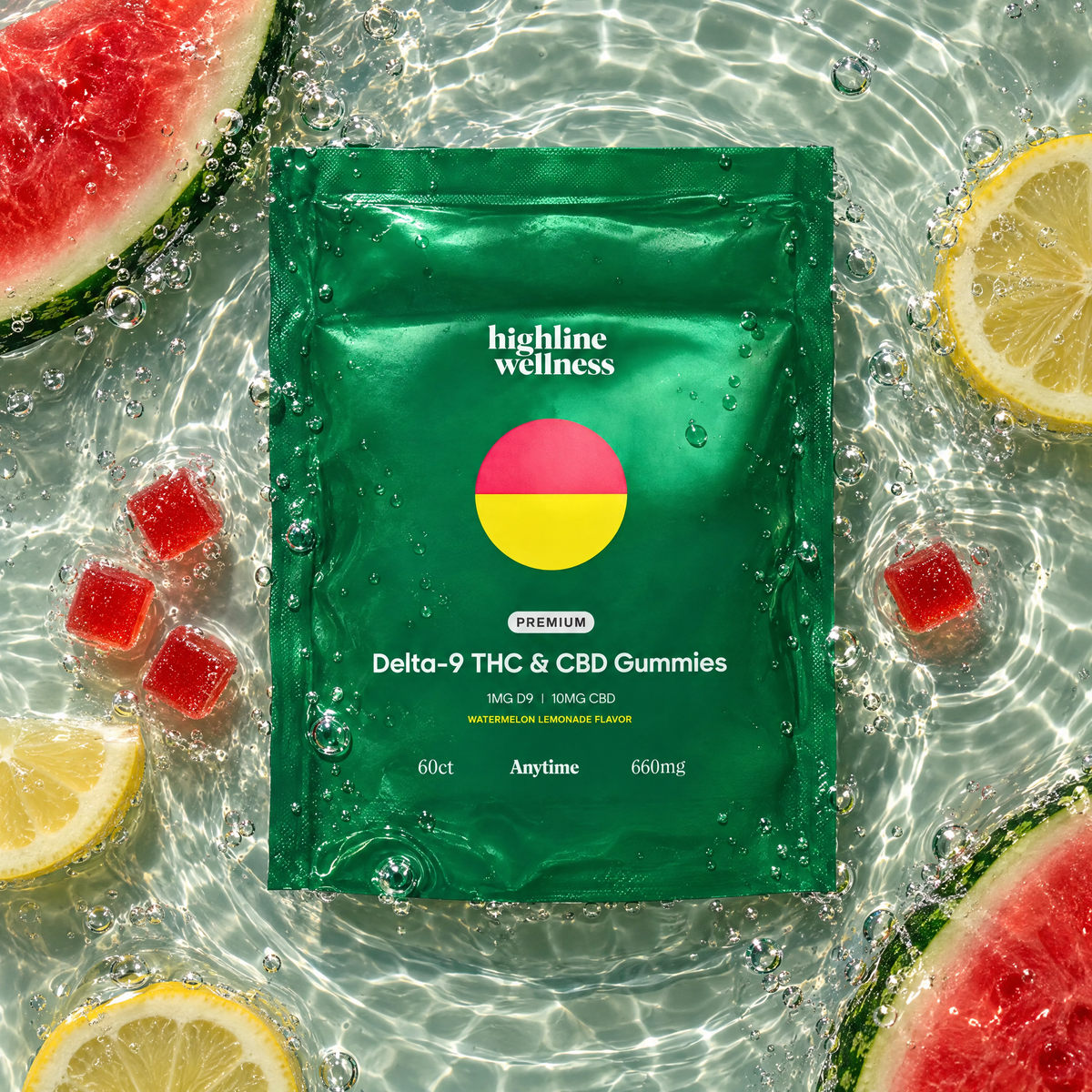 Highline Wellness THC and CBD Gummies 60ct Watermelon Lemonade pouch with gummies shown for scale