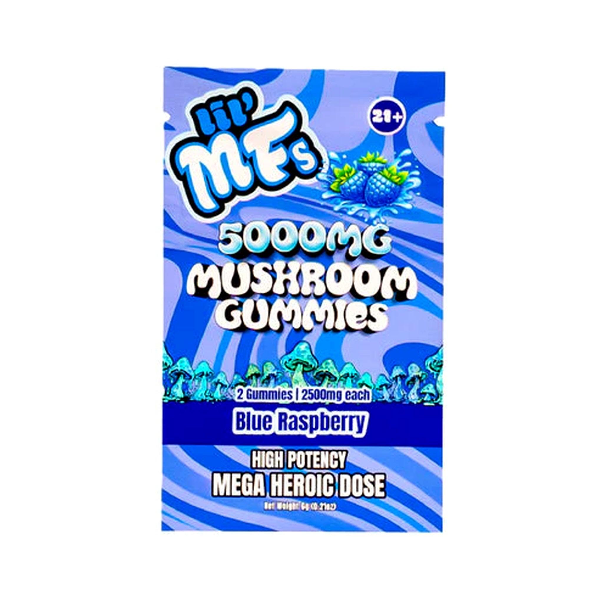 Lil MF's 5000mg Mushroom Gummies Blue Raspberry 2-count pouch on a white background.