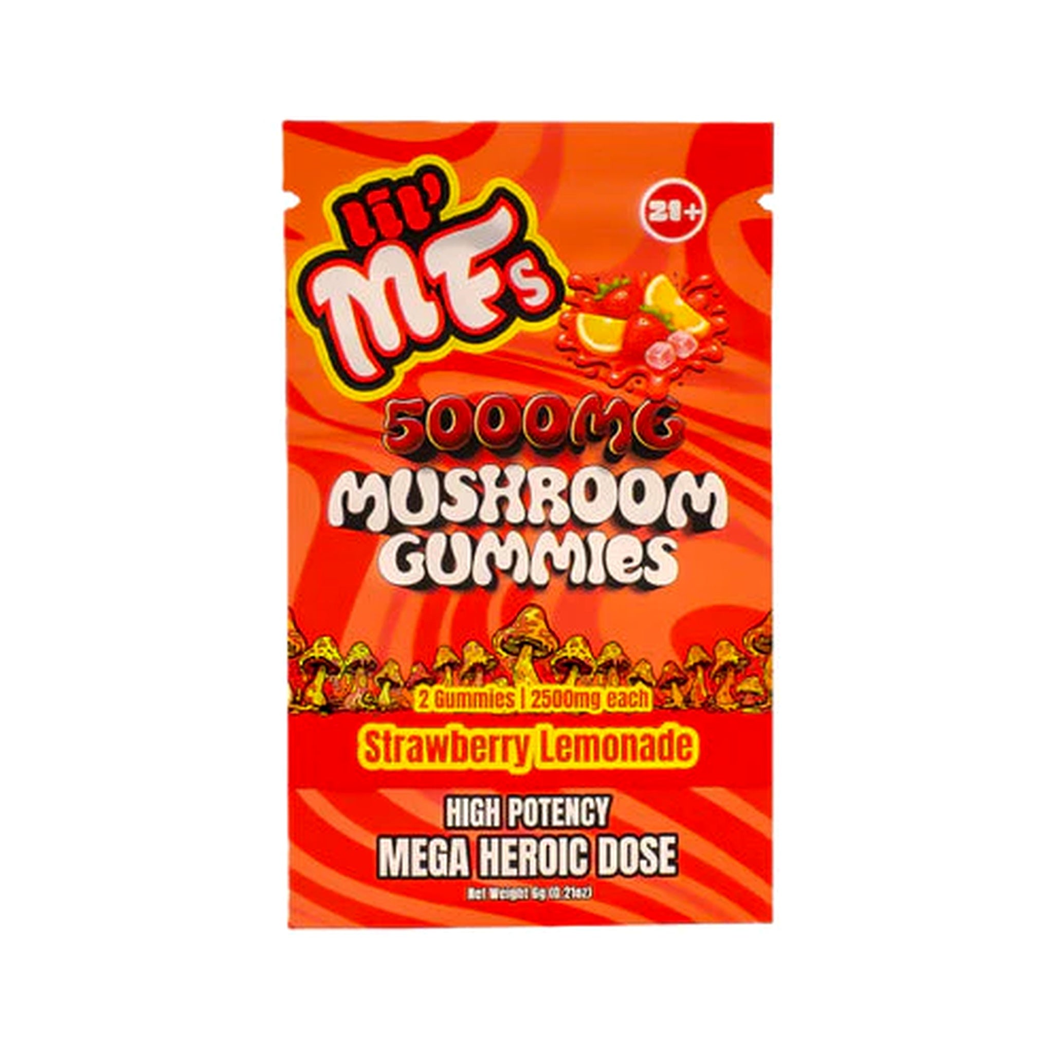 Lil MF's 5000mg Mushroom Gummies Strawberry Lemonade 2-count pouch on a white background.