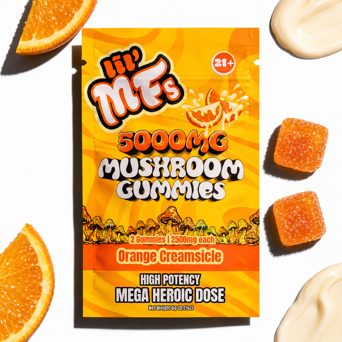 Lil MF's Mushroom Gummies 5000mg Orange Creamsicle 2ct pouch with two gummies shown for scale