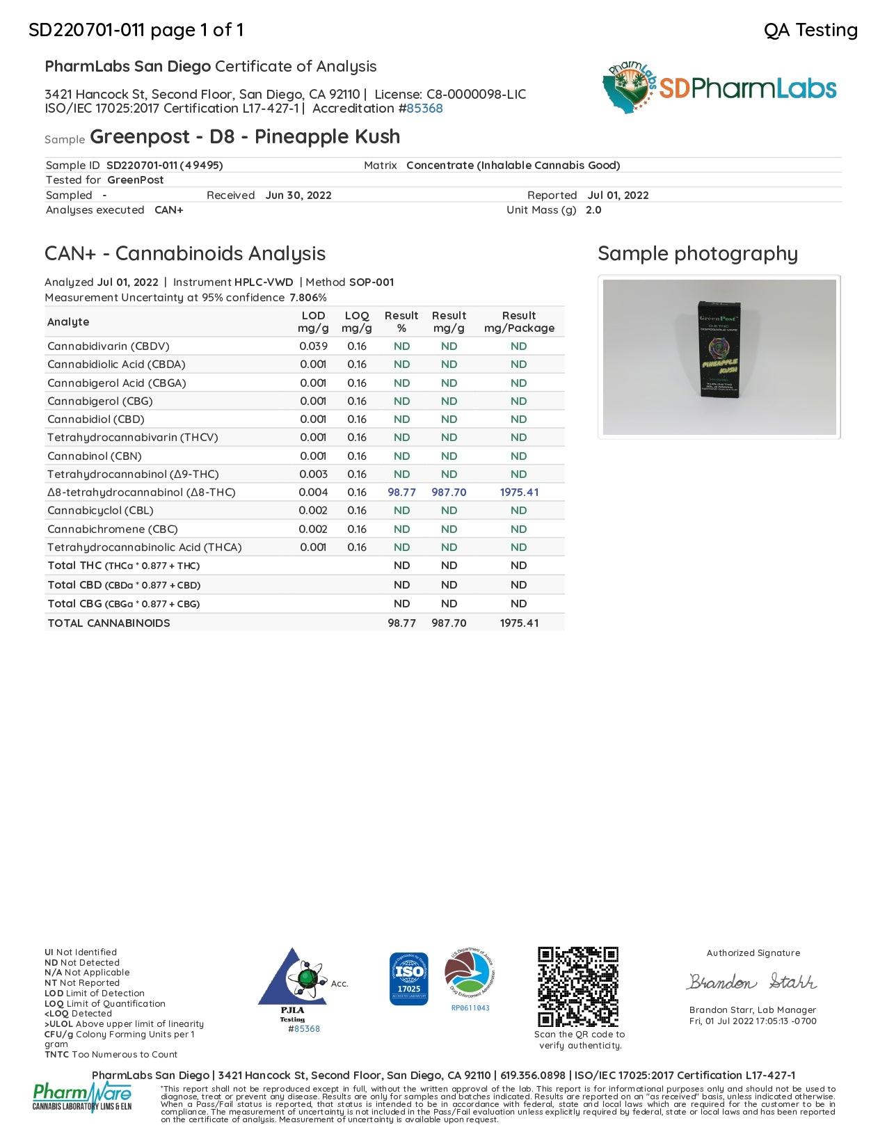 Pineapple Kush Delta 8 Disposable Vape (Hybrid) - GreenPost CBD - www.GreenPostCBD.com