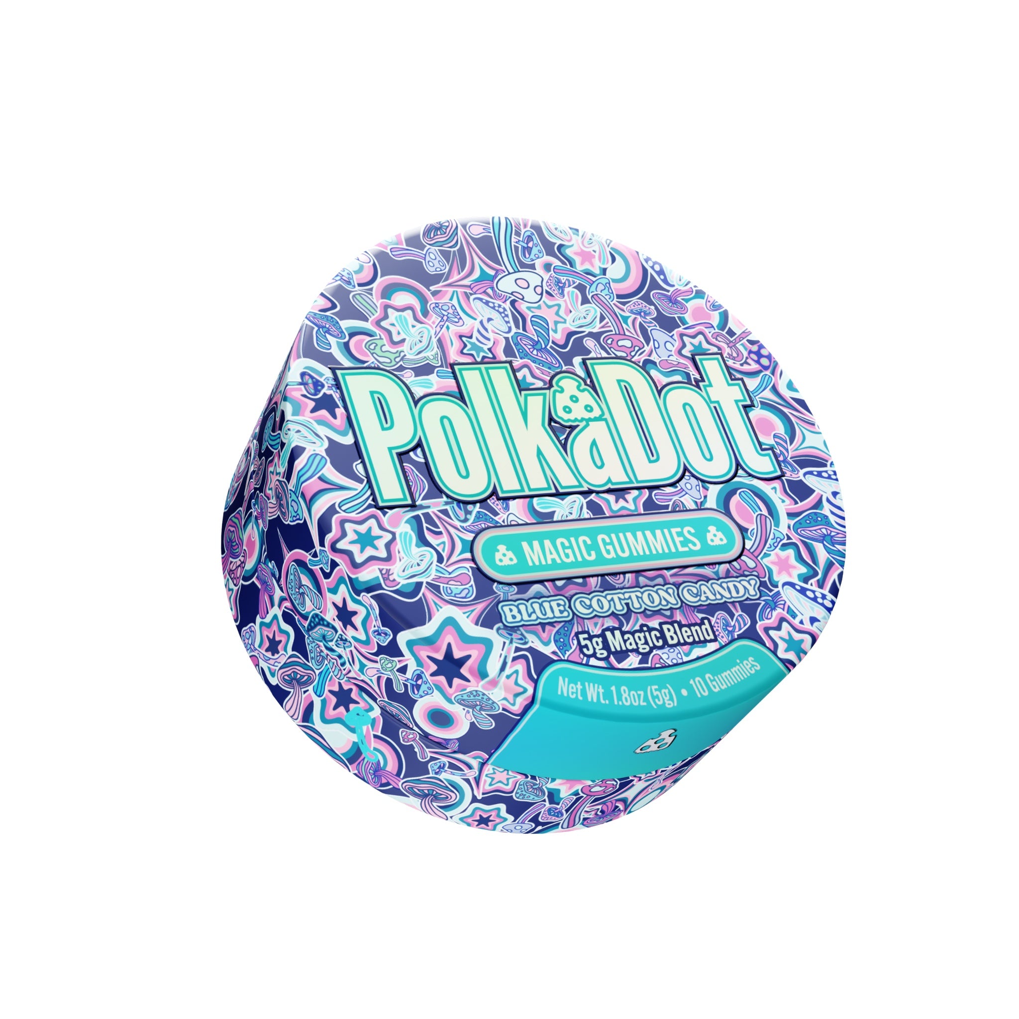 PolkaDot Blue Cotton Candy mushroom gummies featuring vibrant blue and purple candy-inspired artwork with 5g magic blend packaging on a white background