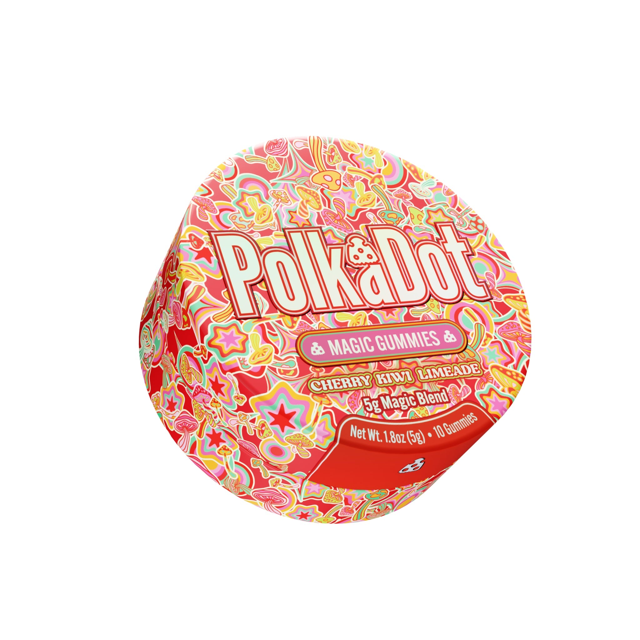 PolkaDot Cherry Kiwi Limeade mushroom gummies featuring vibrant fruit-inspired artwork and 5g magic blend packaging on a white background