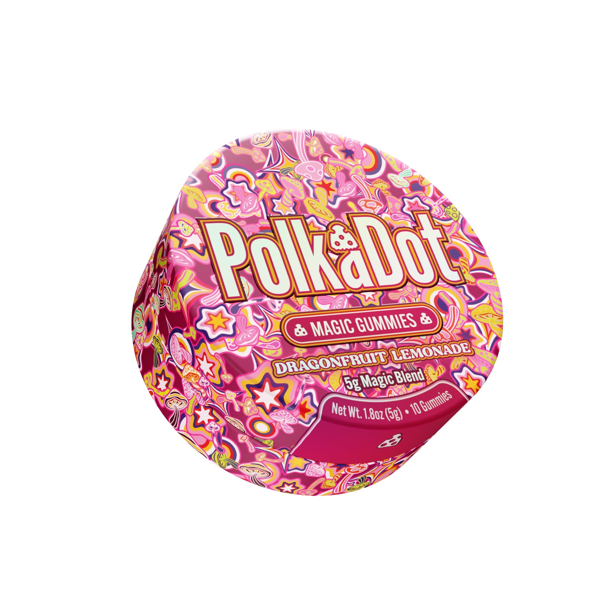 PolkaDot Dragonfruit Lemonade mushroom gummies featuring vibrant pink, yellow, and tropical fruit artwork with 5g magic blend packaging on a white background