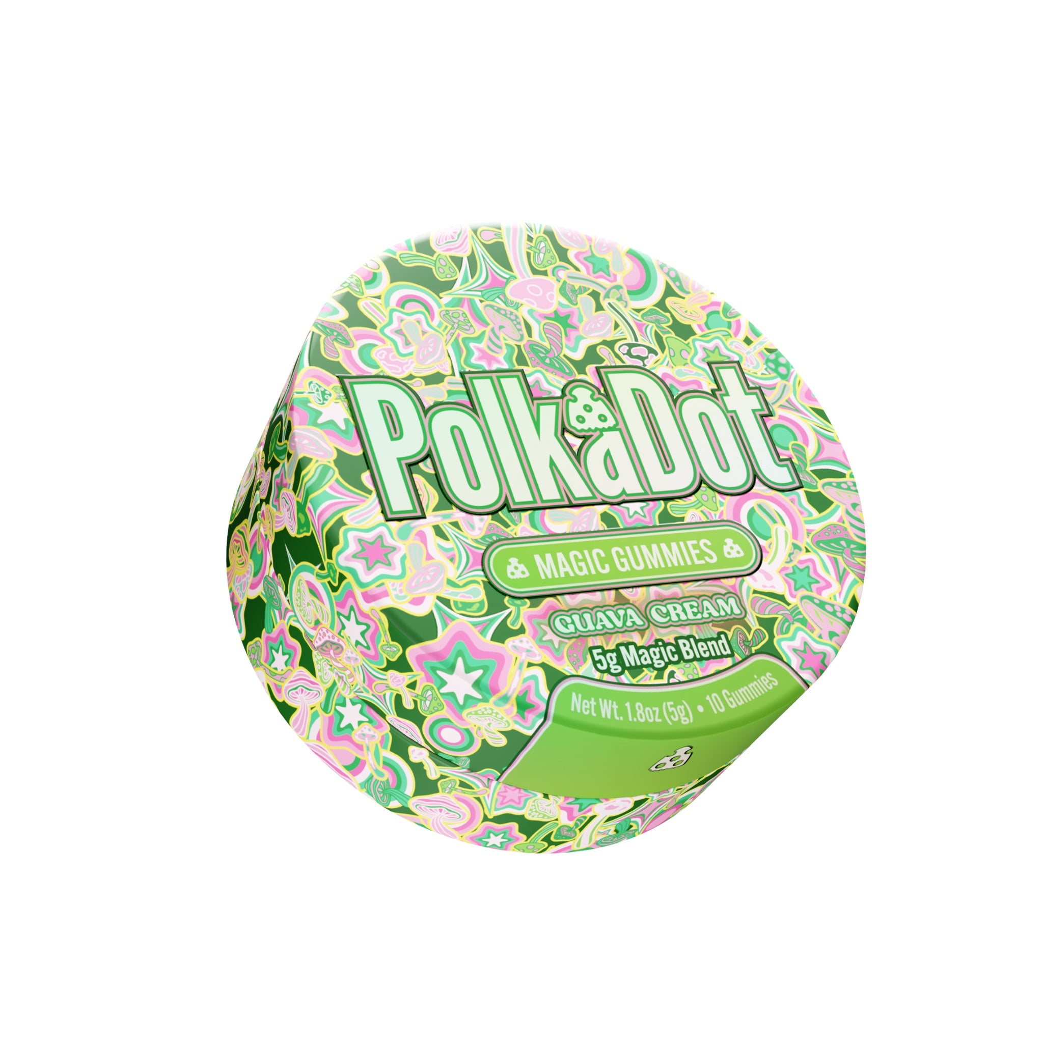 PolkaDot Guava Cream mushroom gummies featuring vibrant green and pink tropical artwork with 5g magic blend packaging on a white backgroun
