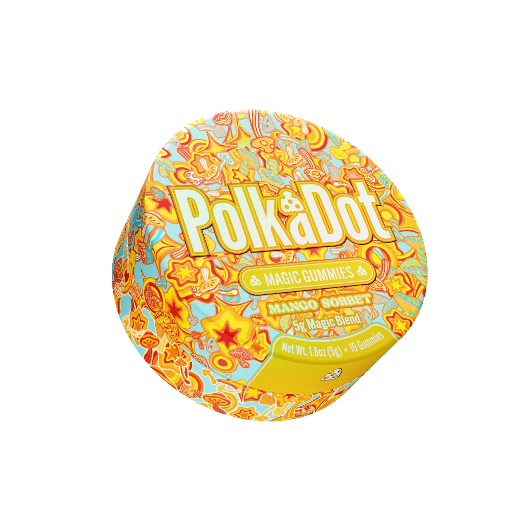 PolkaDot Mango Sorbet mushroom gummies featuring vibrant yellow and tropical artwork with 5g magic blend packaging on a white background.