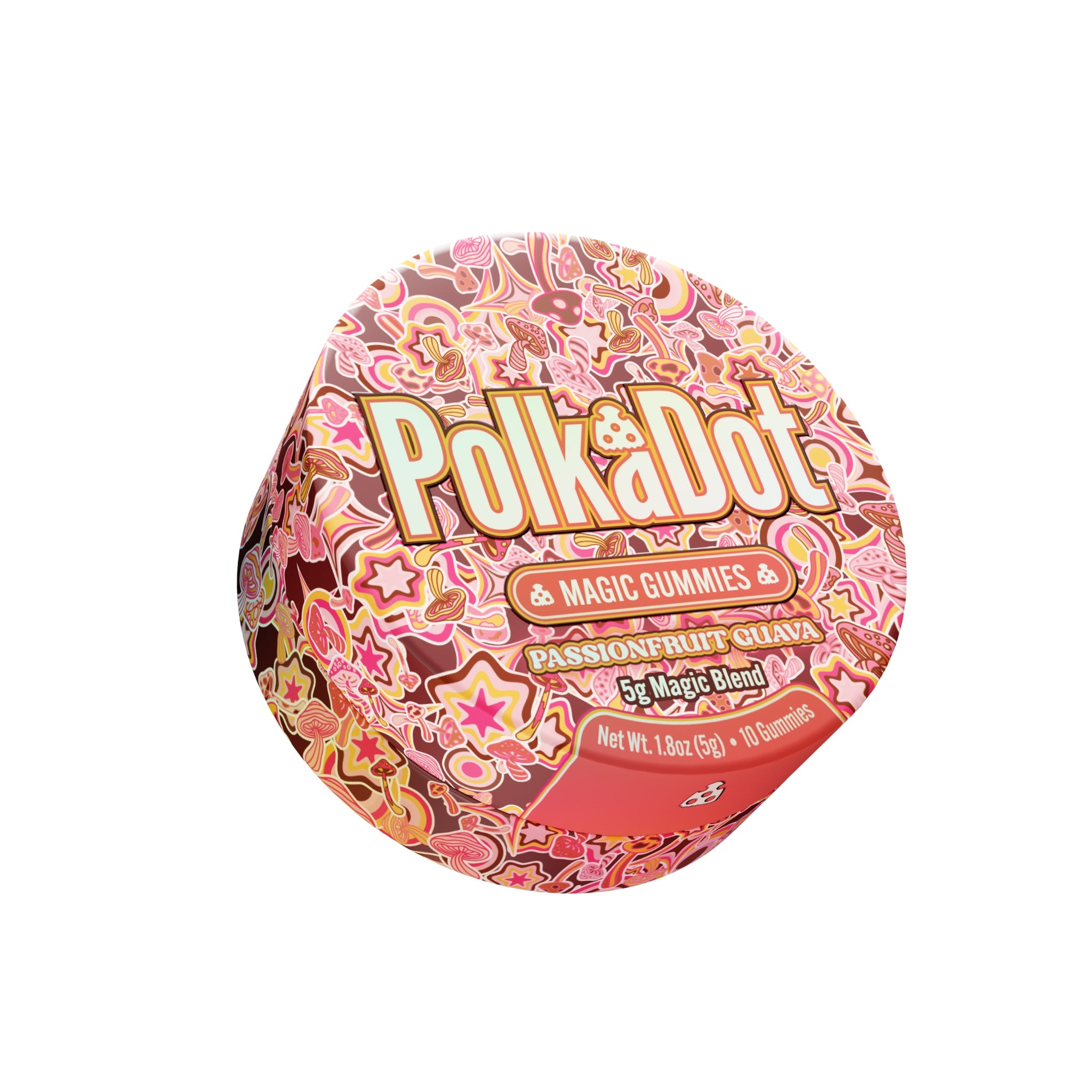 PolkaDot Passionfruit Guava mushroom gummies featuring colorful tropical artwork and 5g magic blend packaging on a white background.