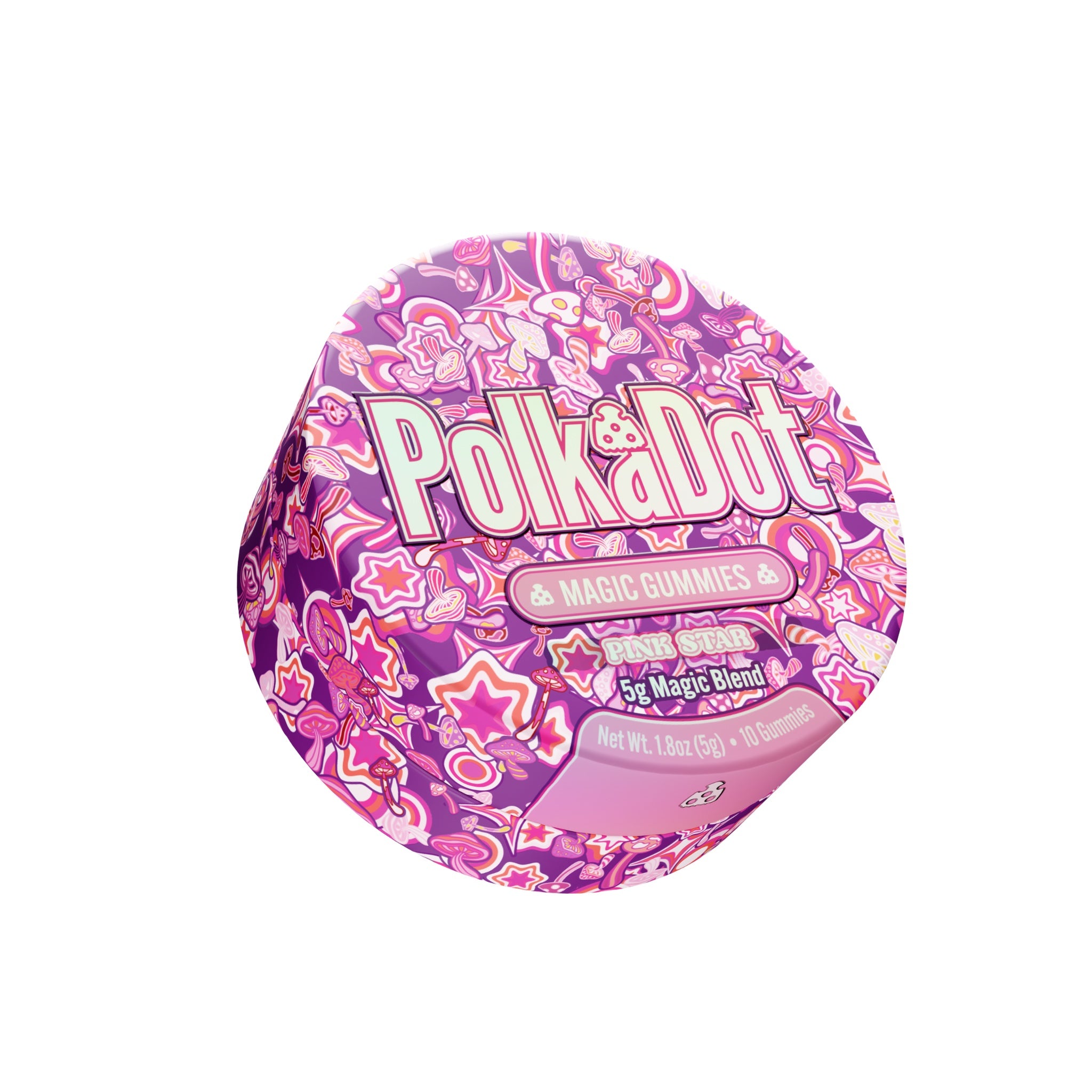PolkaDot Pink Star mushroom gummies featuring vibrant pink and purple artwork and 5g magic blend packaging on a white background.