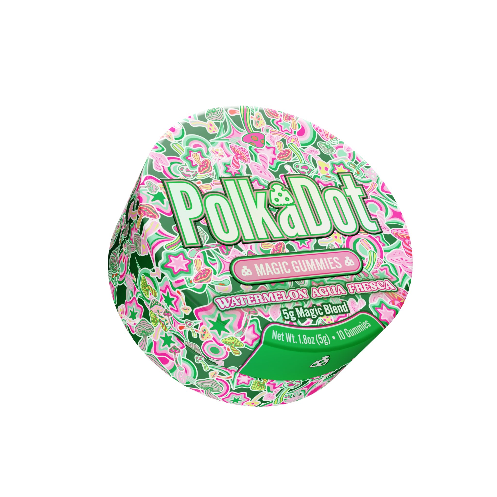 PolkaDot Watermelon Agua Fresca Magic Gummies 10ct with 5g magic blend and colorful fruit-inspired packaging on a white background