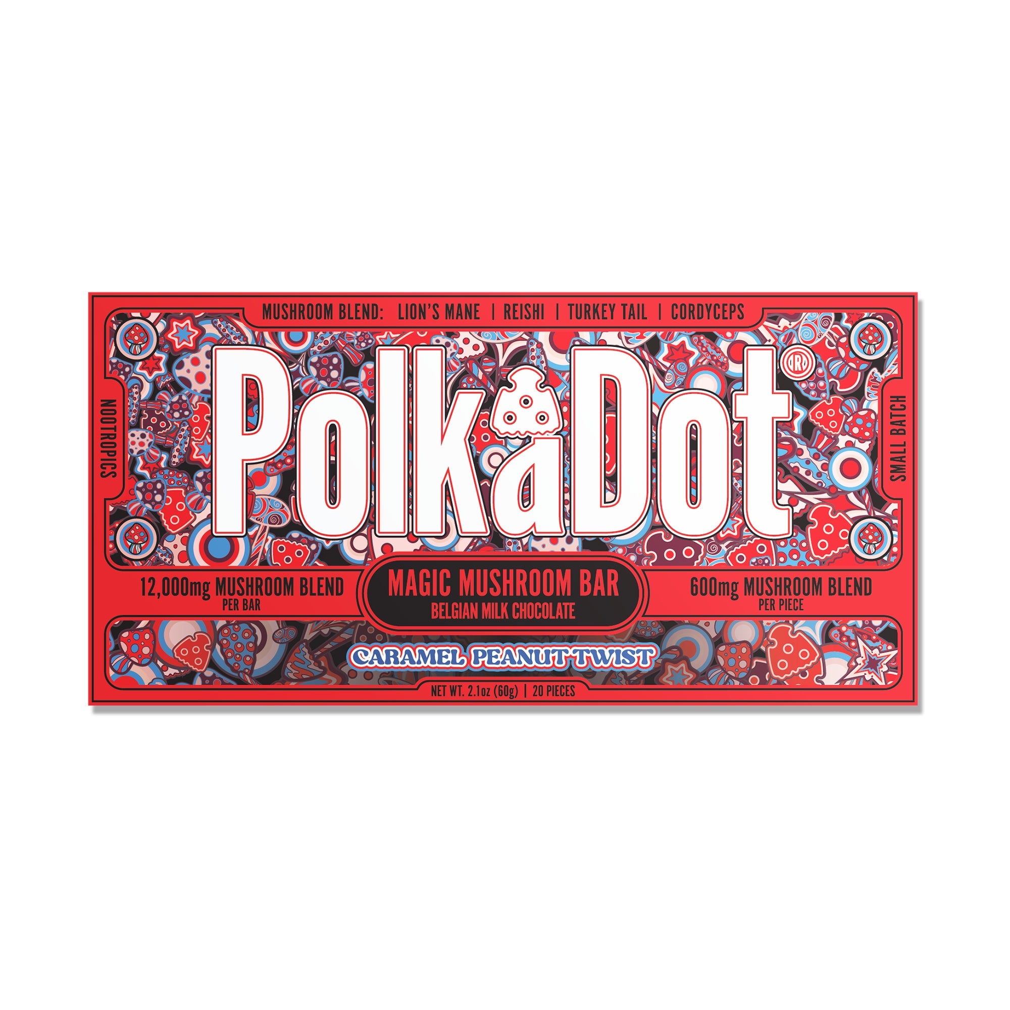 PolkaDot Caramel Peanut Twist mushroom chocolate bar with Belgian milk chocolate, 12g mushroom blend, and caramel peanut inspired packaging on a white background